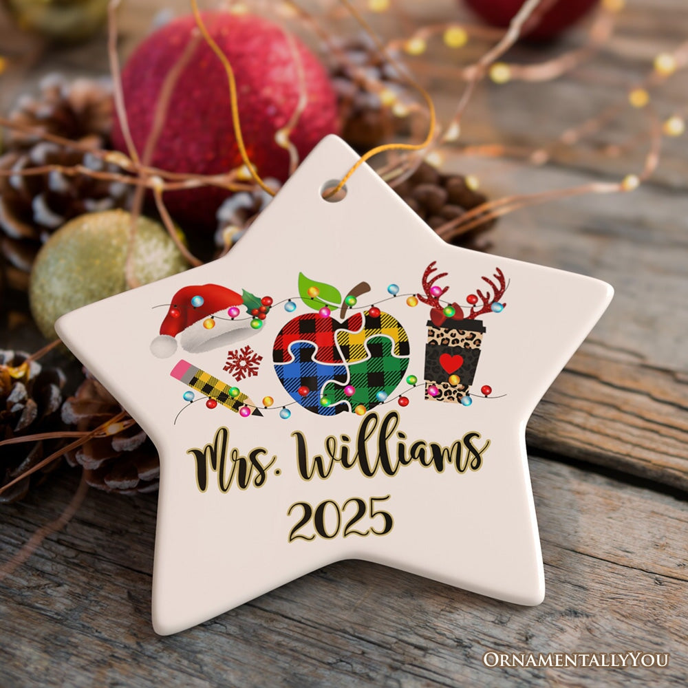 Personalized Autism Teacher Buffalo Plaid Leopard Merry Christmas Ornament