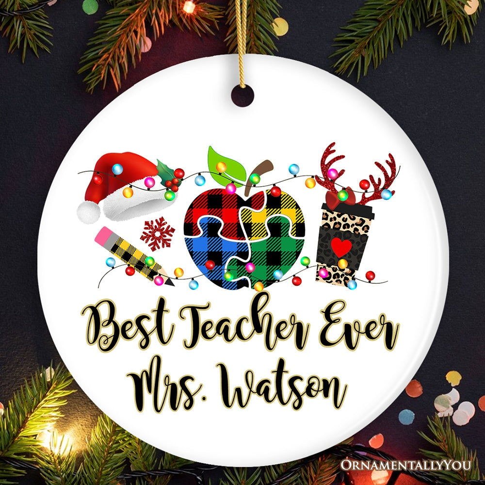 Personalized Autism Teacher Buffalo Plaid Leopard Merry Christmas Ornament