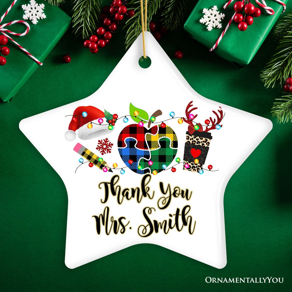 Personalized Autism Teacher Buffalo Plaid Leopard Merry Christmas Ornament