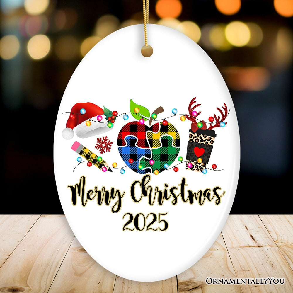 Personalized Autism Teacher Buffalo Plaid Leopard Merry Christmas Ornament
