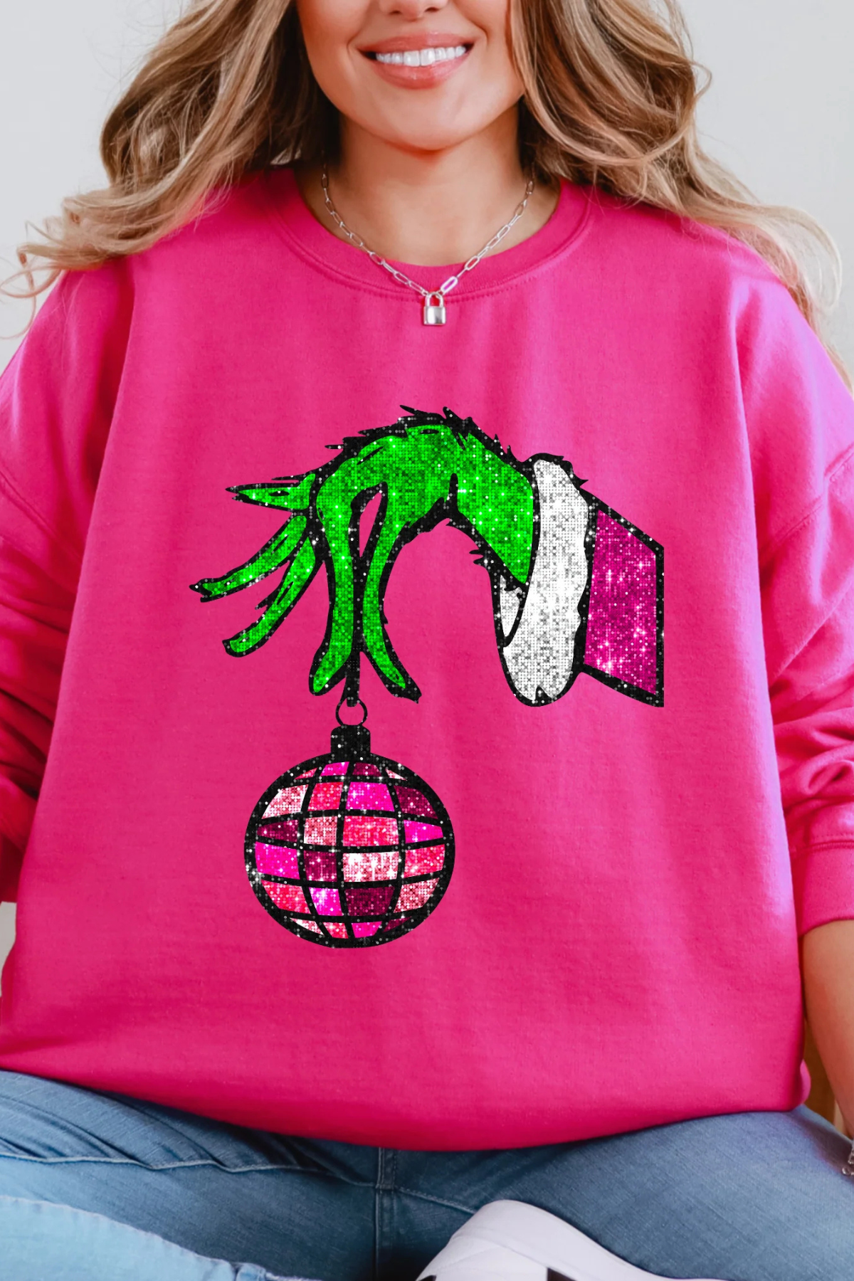 Festive Hand Faux Pink Disco Ornament Sweatshirt