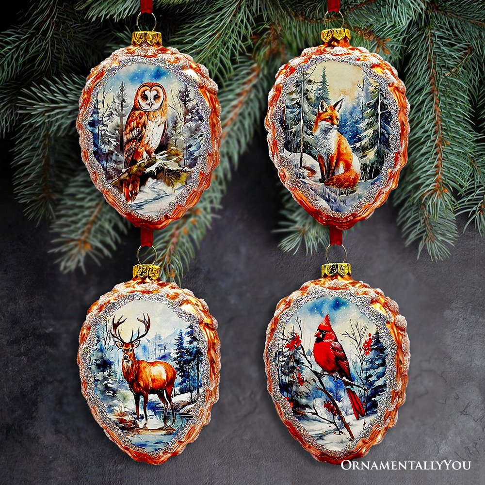 Illustrious Pinecone Beauties Woodland Animal Set of Four Glass Christmas Ornaments, Deer, Fox, Owl and Cardinal Vintage Winter Forest Decor