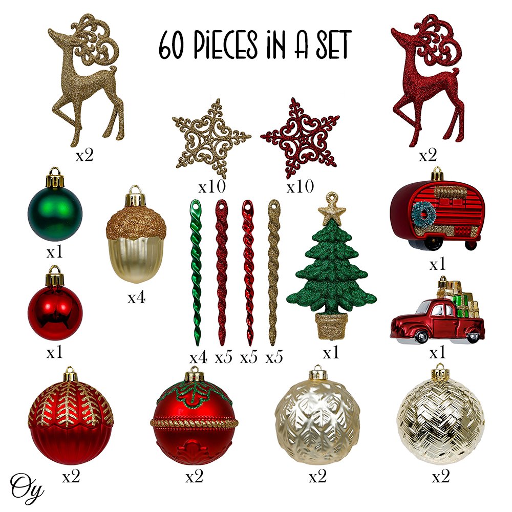 Rustic Christmas Adventure Ornament Bauble 60 Piece Set, Camping Truck, Acorns, Woods Theme