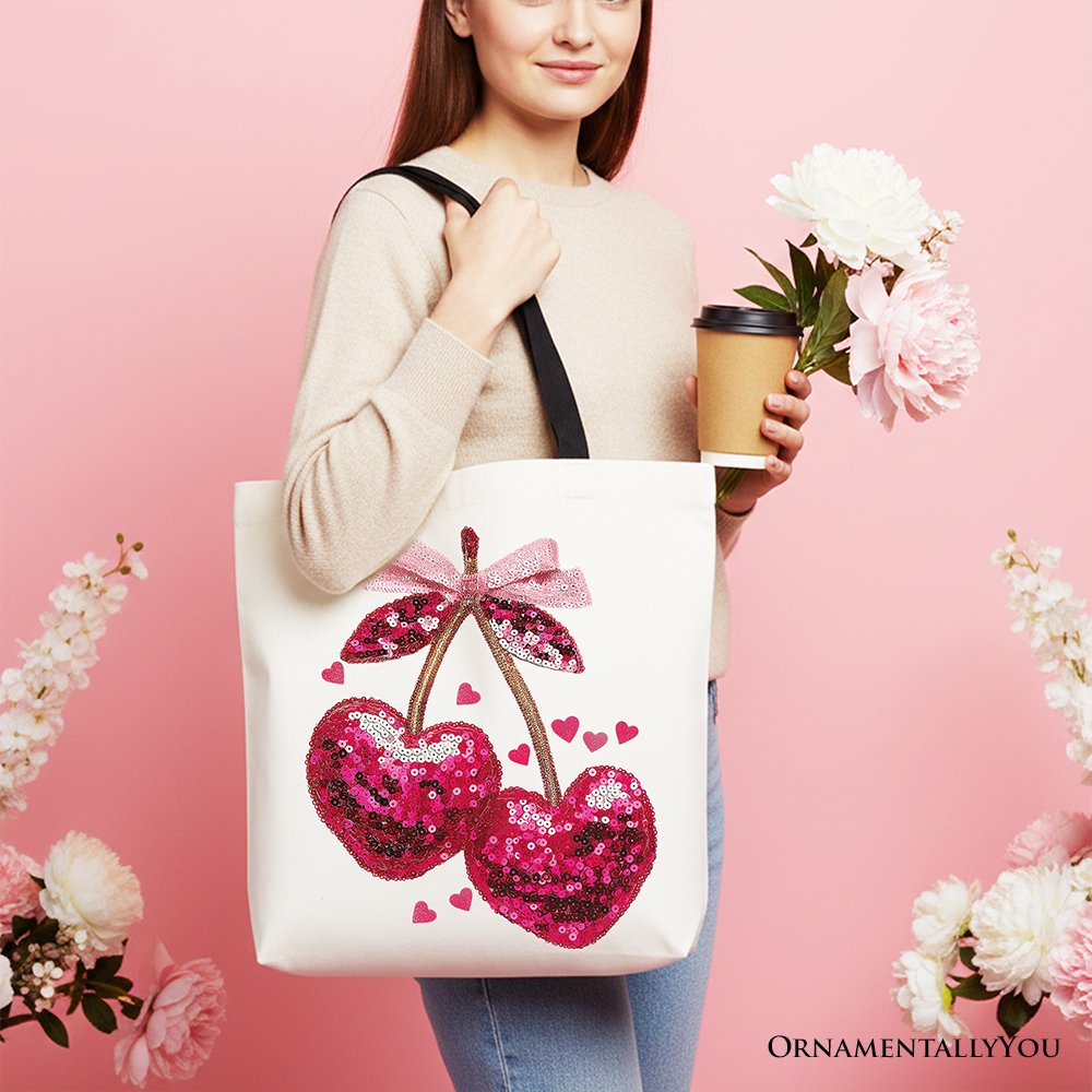 Sequin Pink Cherry Heart Canvas Tote Bag