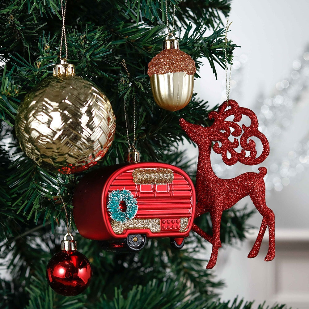 Rustic Christmas Adventure Ornament Bauble 60 Piece Set, Camping Truck, Acorns, Woods Theme