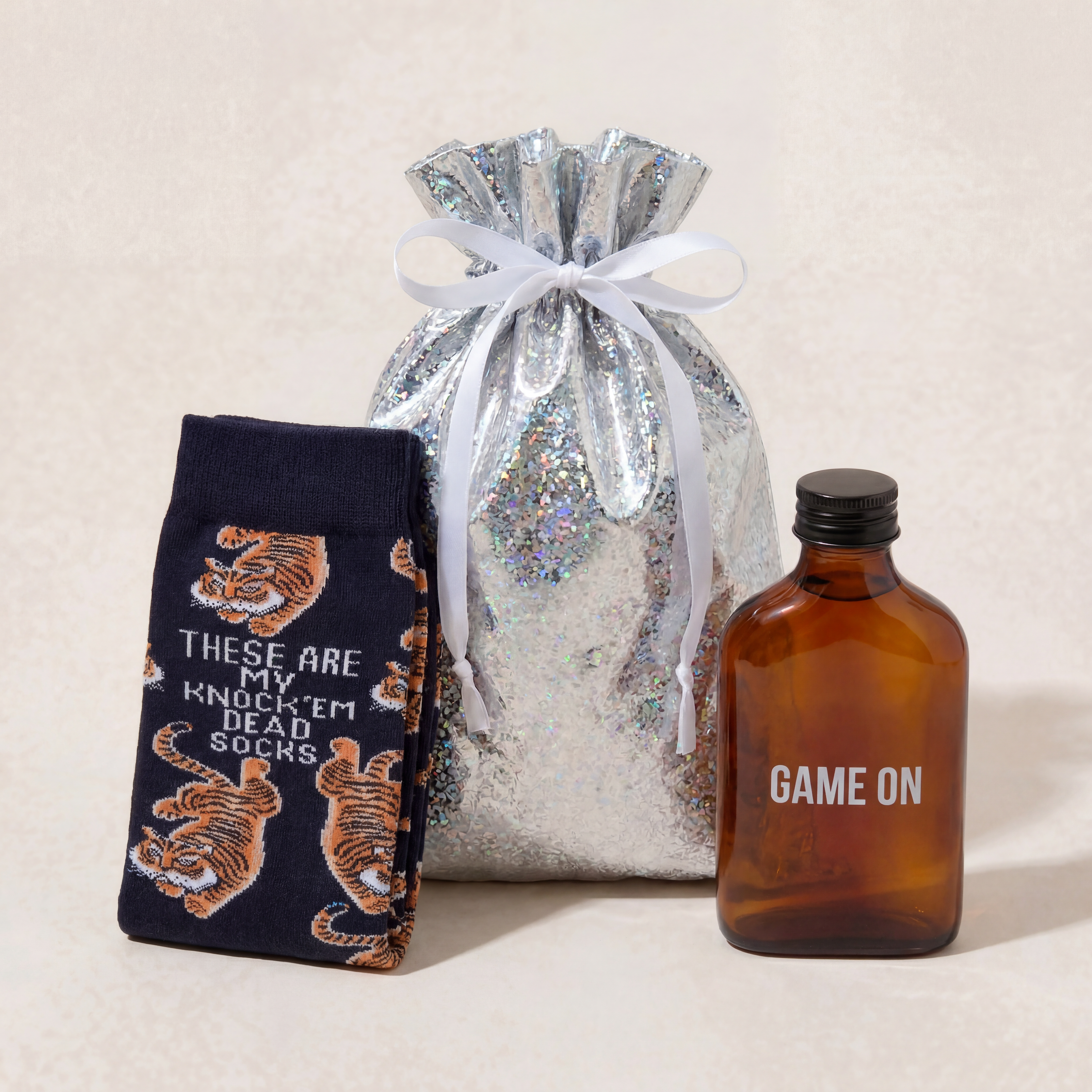 Game On Motivational Gift Set | Mini Flask & Knock 'Em Dead Socks in Gift Bag