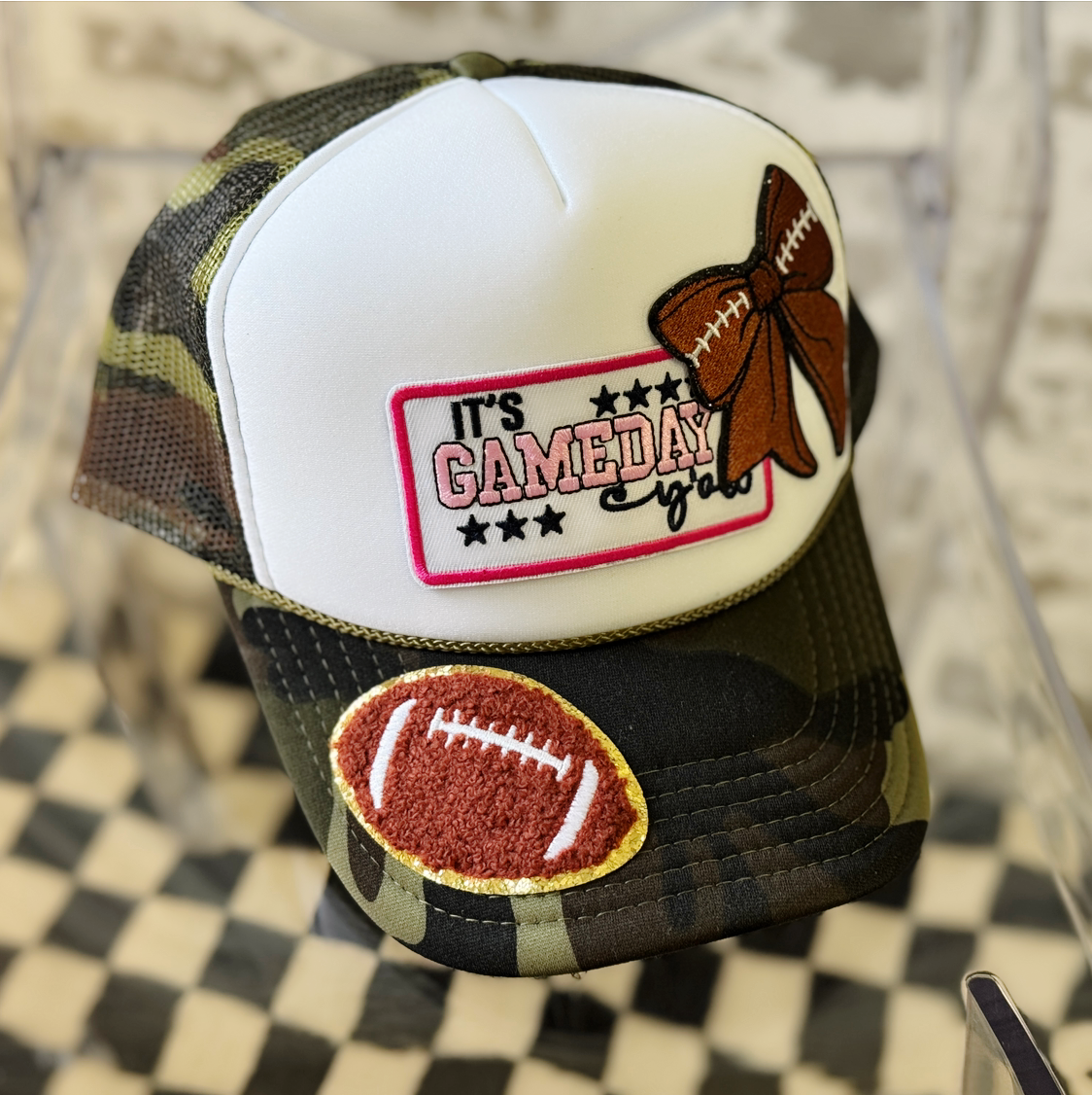Game Day Bow Trucker Hat – Football Snapback Camo Hat