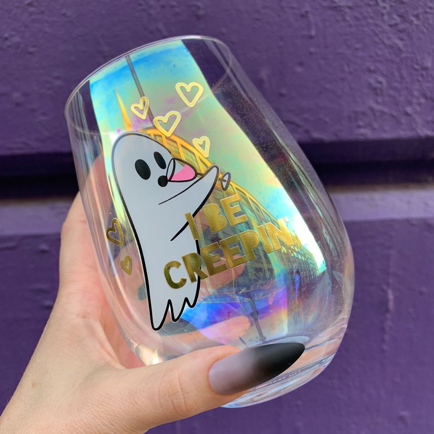Ghost "I Be Creepin" Jumbo Stemless Wine Glass in Iridescent | 30 Oz.