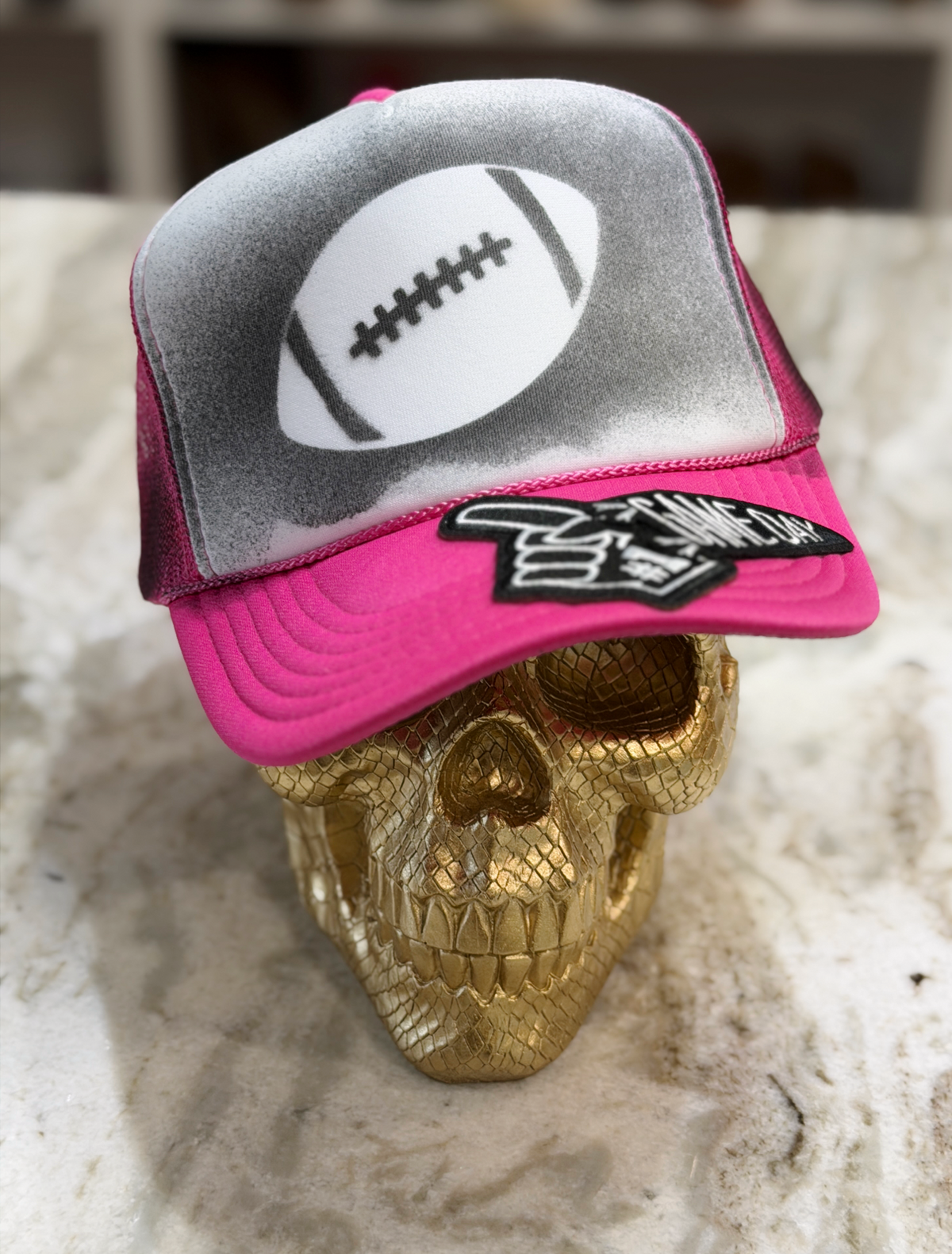 Pink Gameday Football Trucker Hat | Hand Painted Spray Paint Structured Mesh Hat