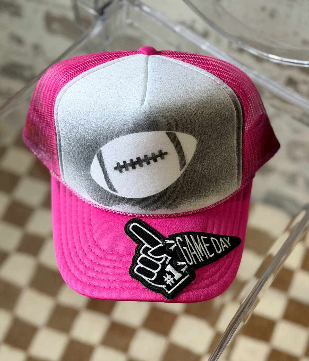 Pink Gameday Football Trucker Hat | Hand Painted Spray Paint Structured Mesh Hat