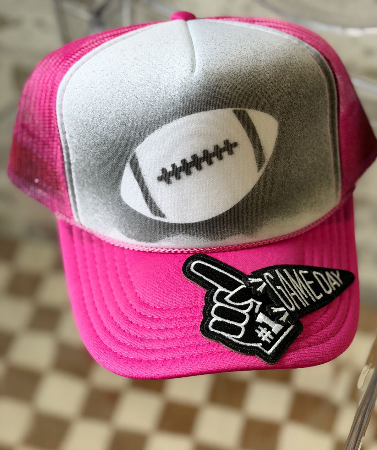 Pink Gameday Football Trucker Hat | Hand Painted Spray Paint Structured Mesh Hat