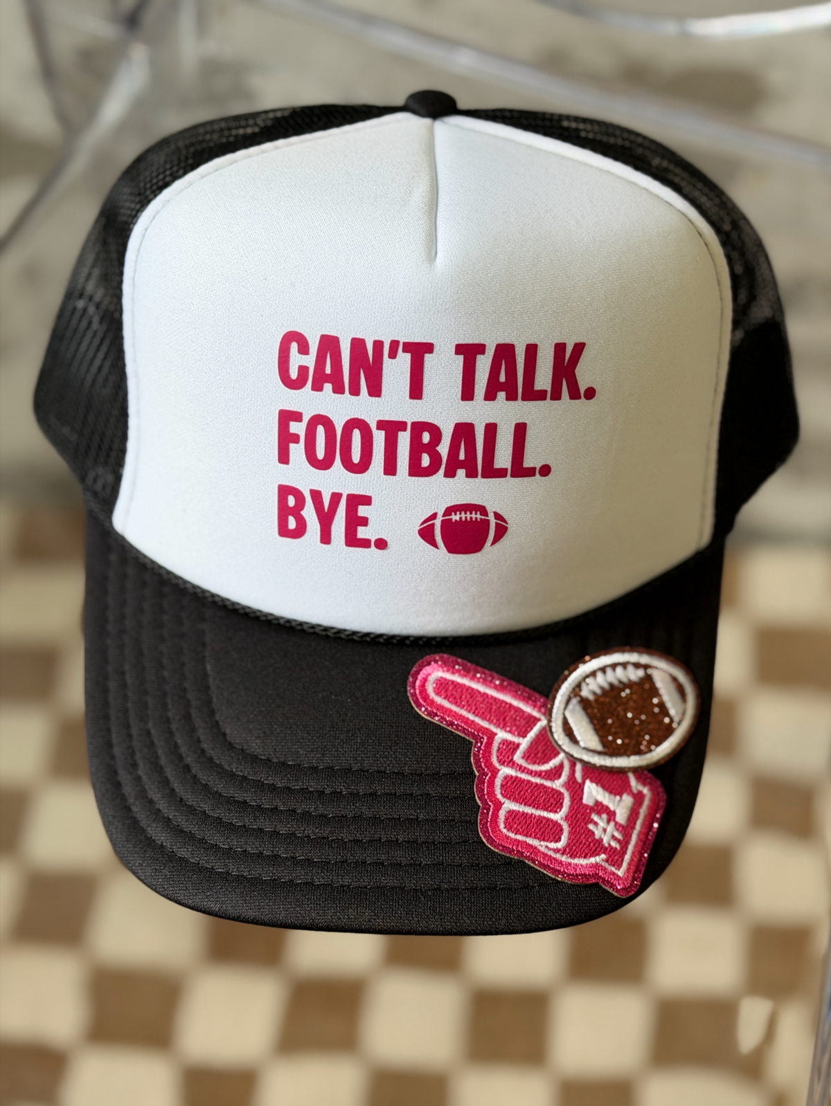 Can't Talk. Football. Bye. Trucker Hat | Pink & Black Football Hat