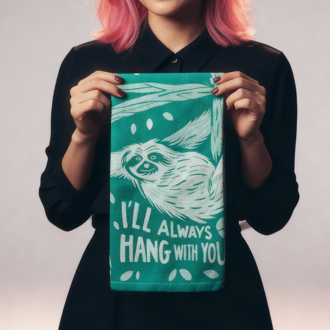 I'll Always Hang With You Sloth Dish Towel in Green