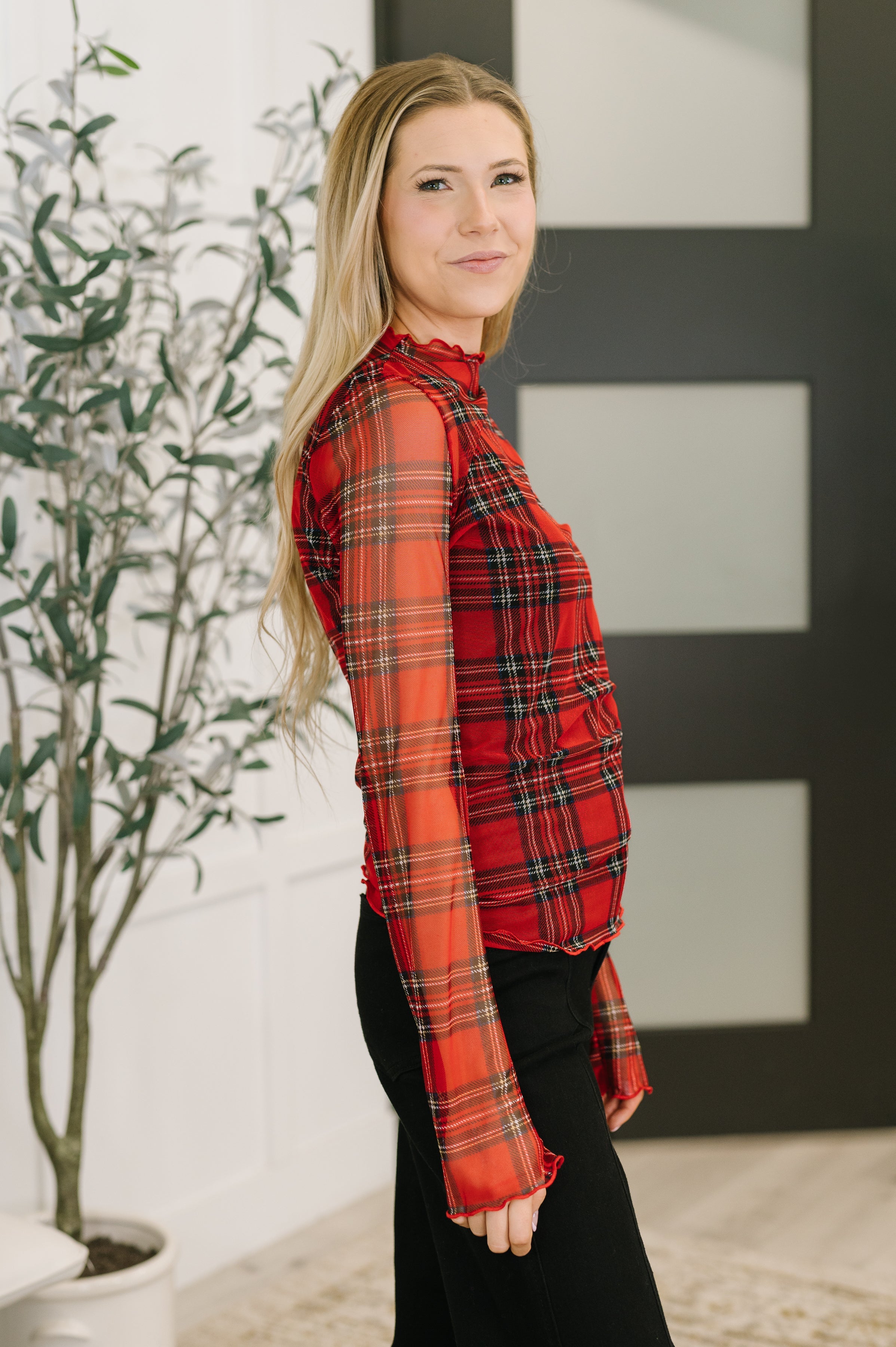 In the Present Plaid Mesh Layering Top in Red