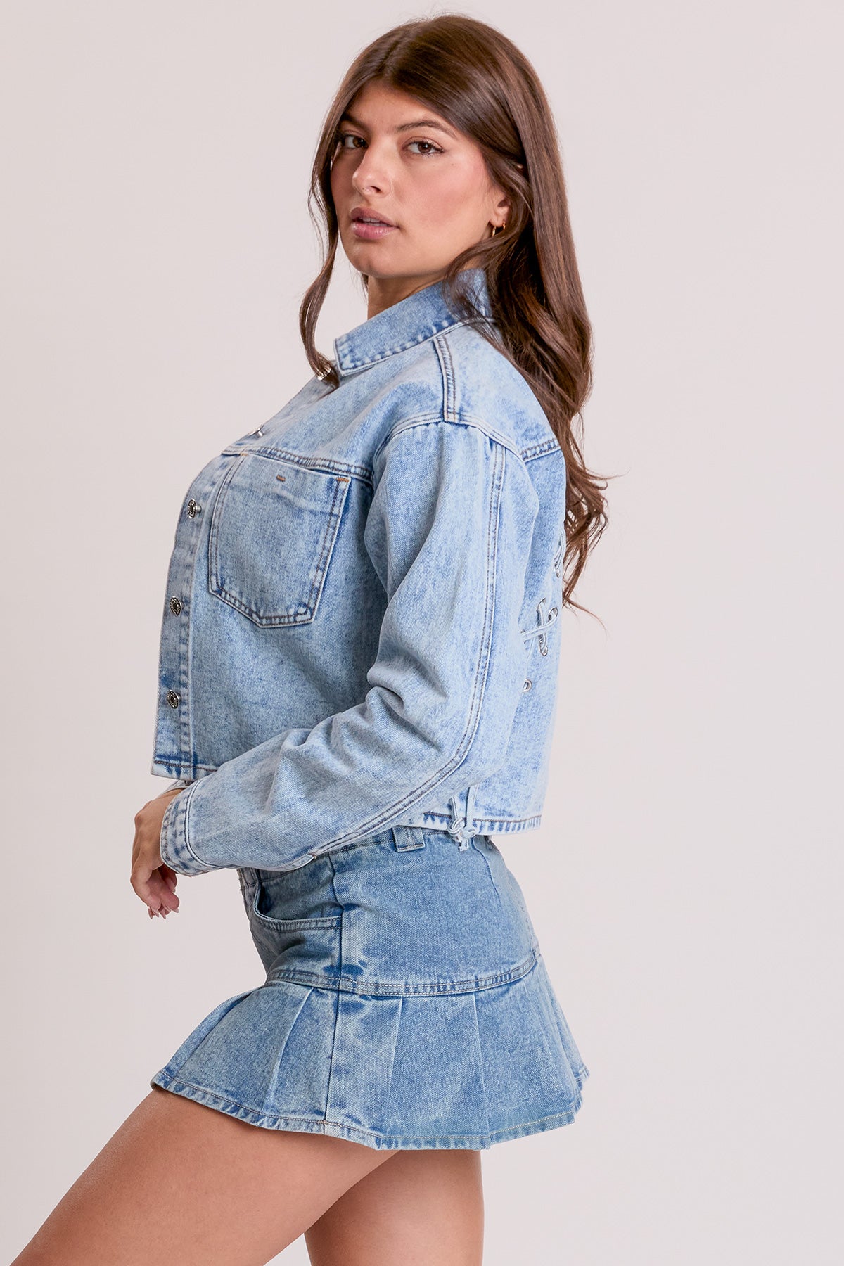Cropped Lace Up Back Denim Jacket