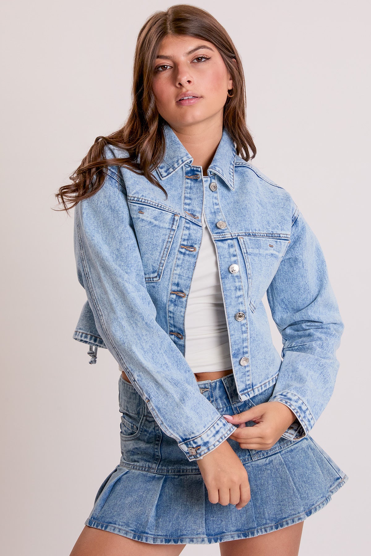 Cropped Lace Up Back Denim Jacket
