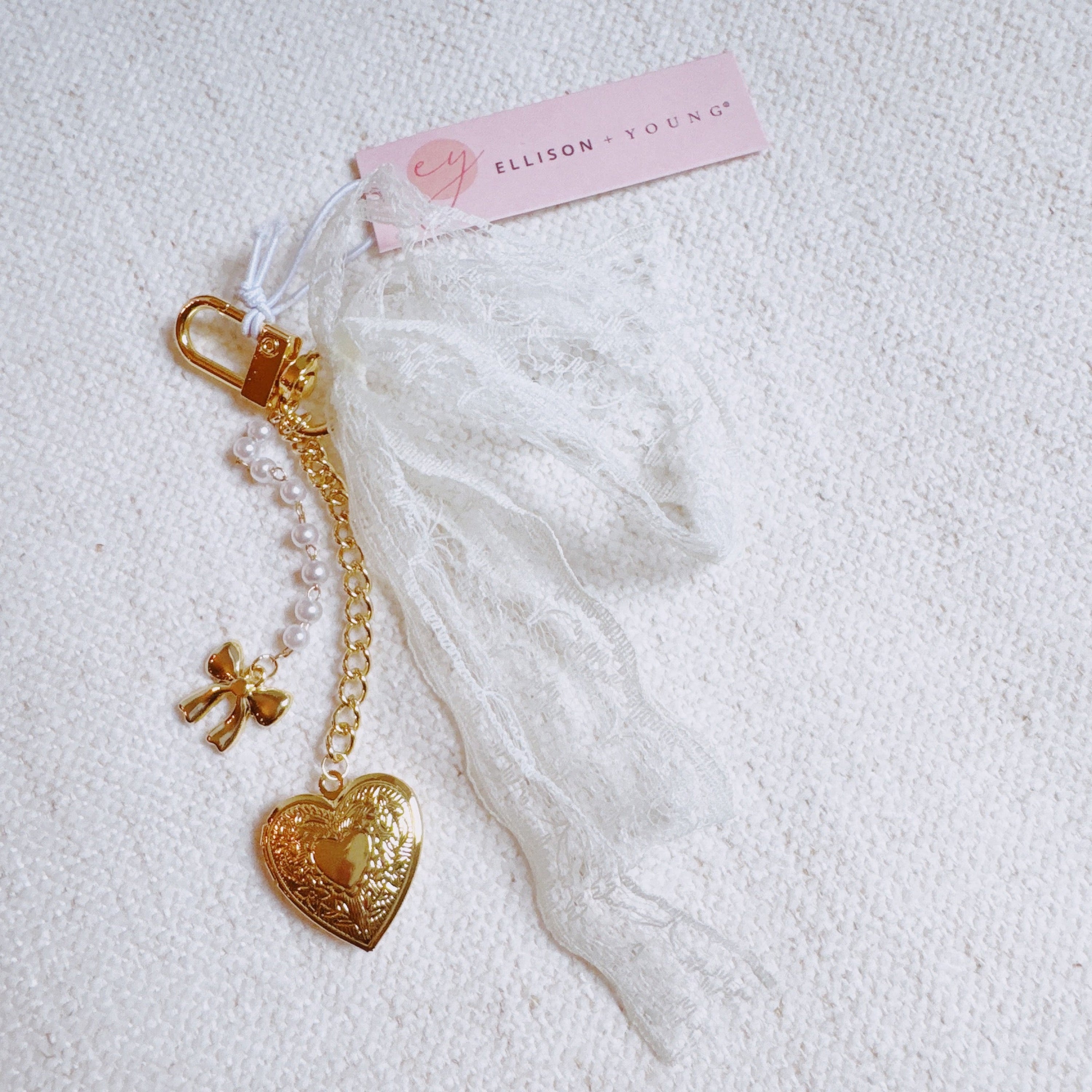Lace & Love Heart Bag Charm – White Bow with Gold Heart | Romantic Chic