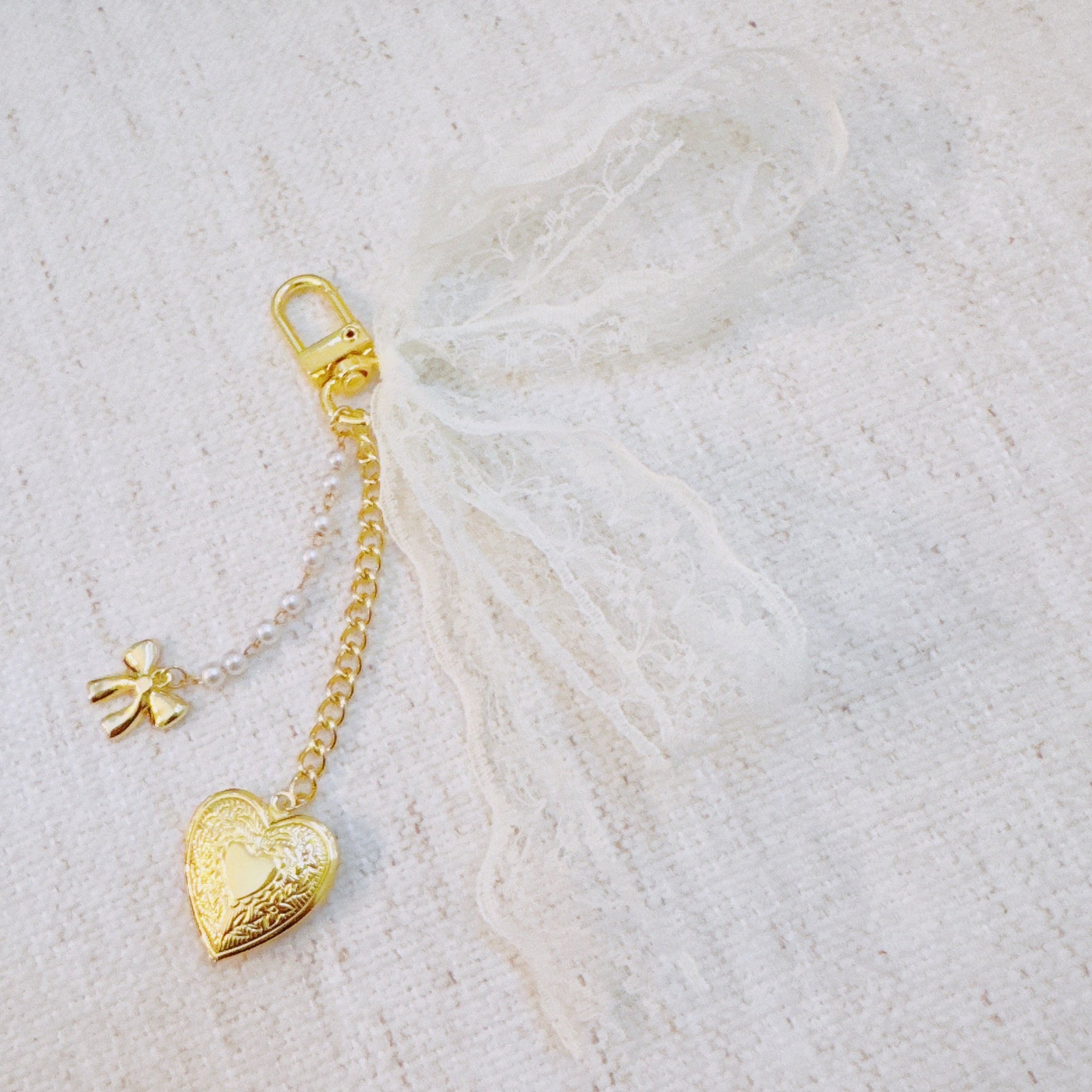 Lace & Love Heart Bag Charm – White Bow with Gold Heart | Romantic Chic
