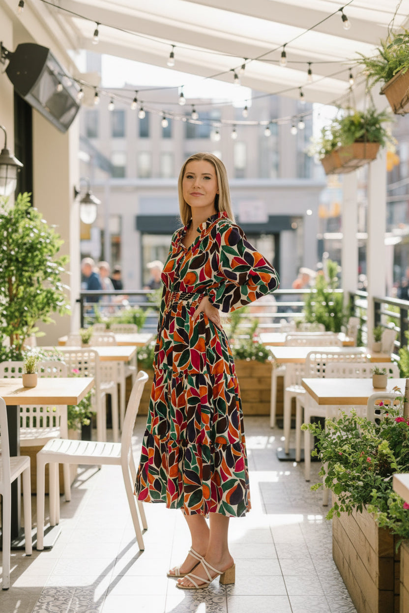 Leafing it All Behind Long Sleeve Tiered Dress