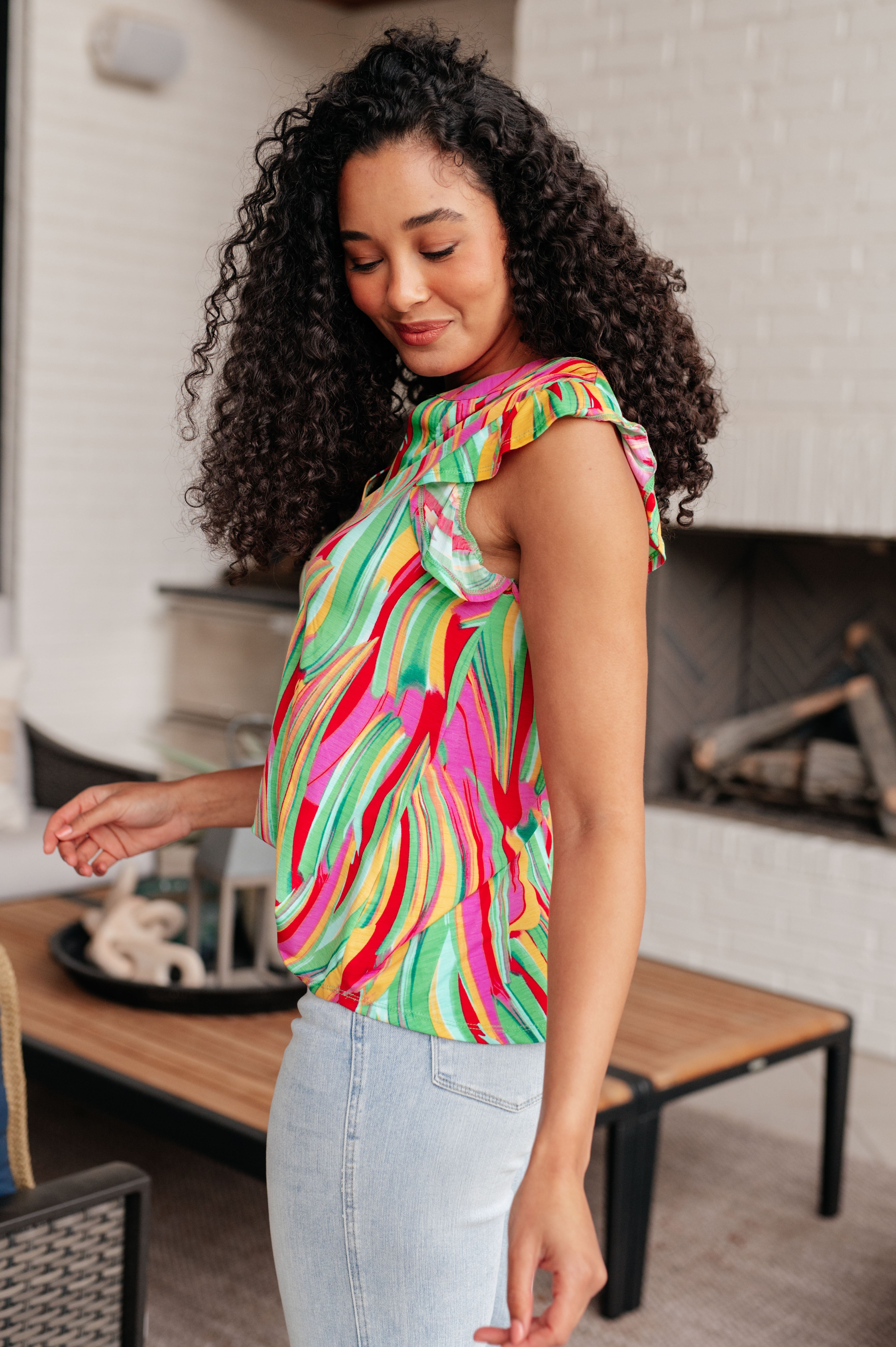 Lizzy Flutter Sleeve Top in Green Multi Abstract Stripe - Medium