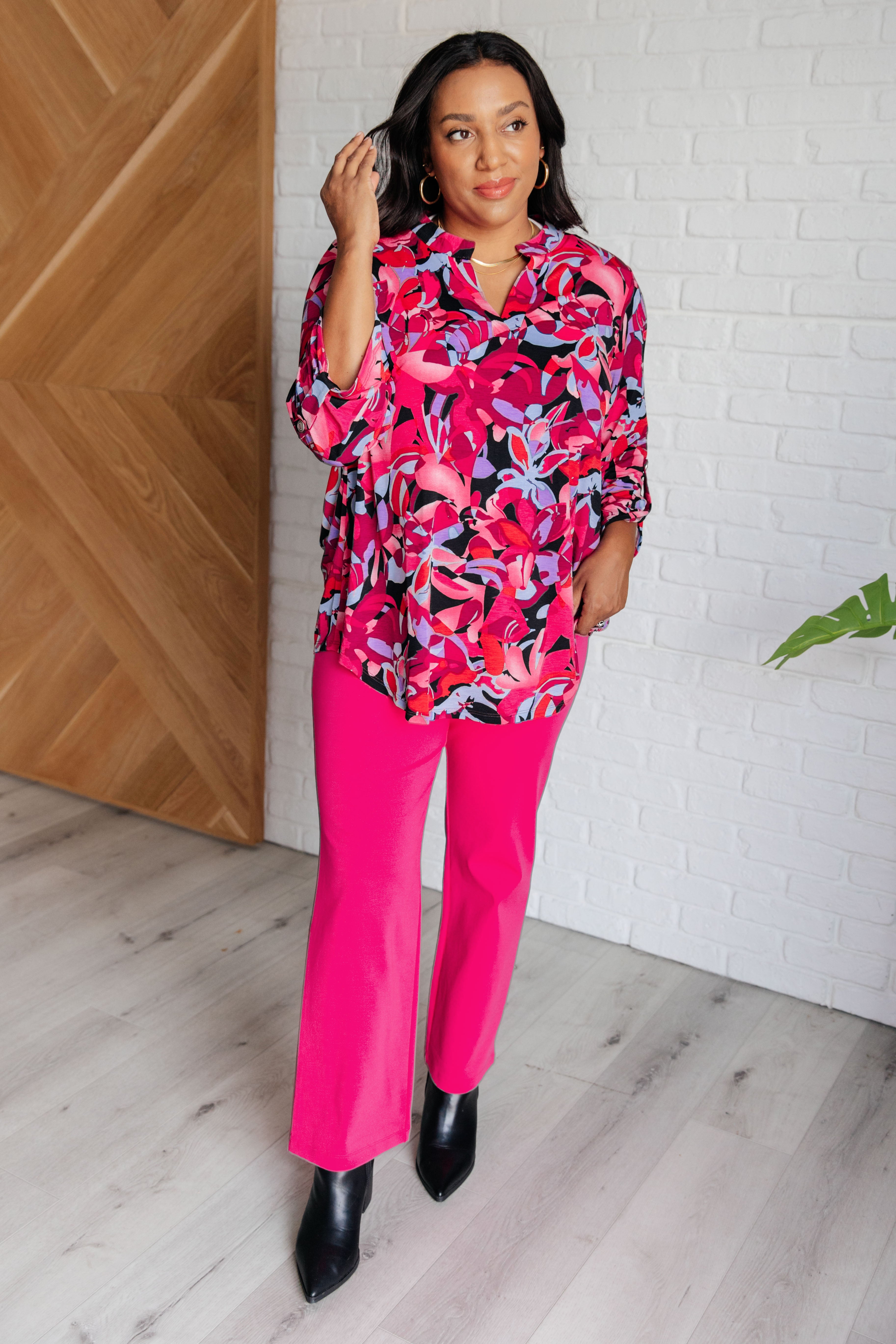 Lizzy Top in Black and Magenta Multi Floral - Medium