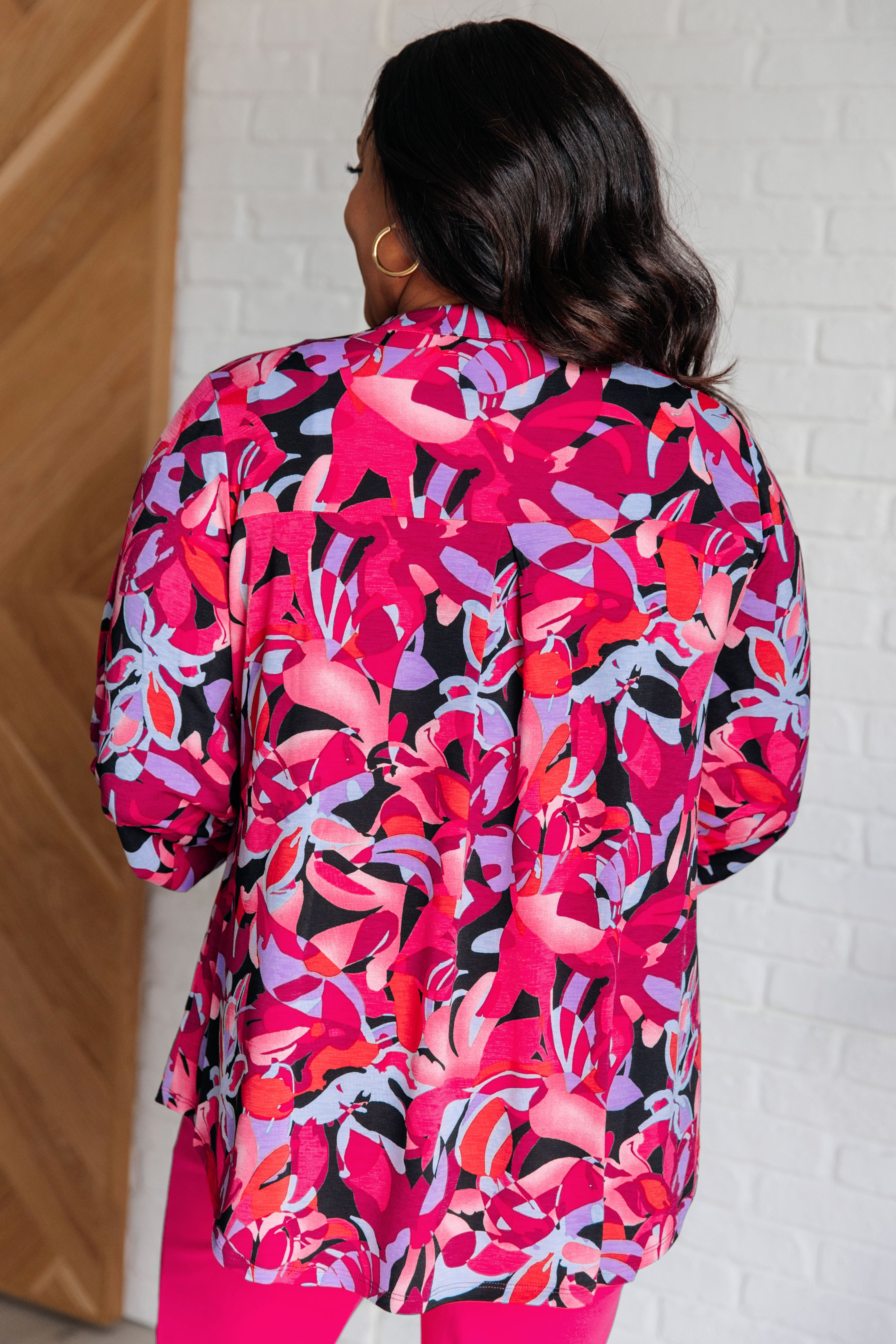 Lizzy Top in Black and Magenta Multi Floral - Medium