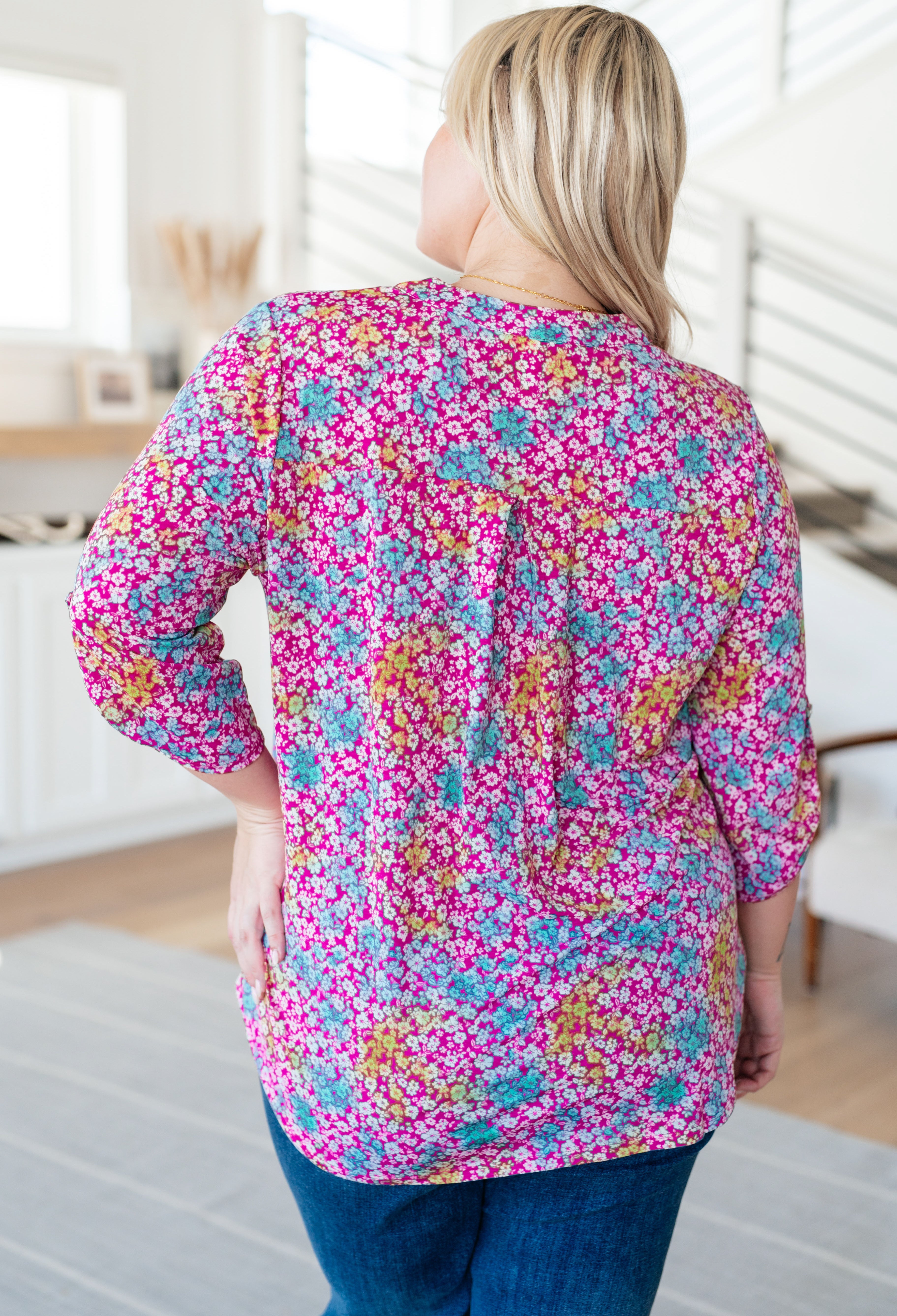 Lizzy Top in Pink and Aqua Ditsy Floral - Medium