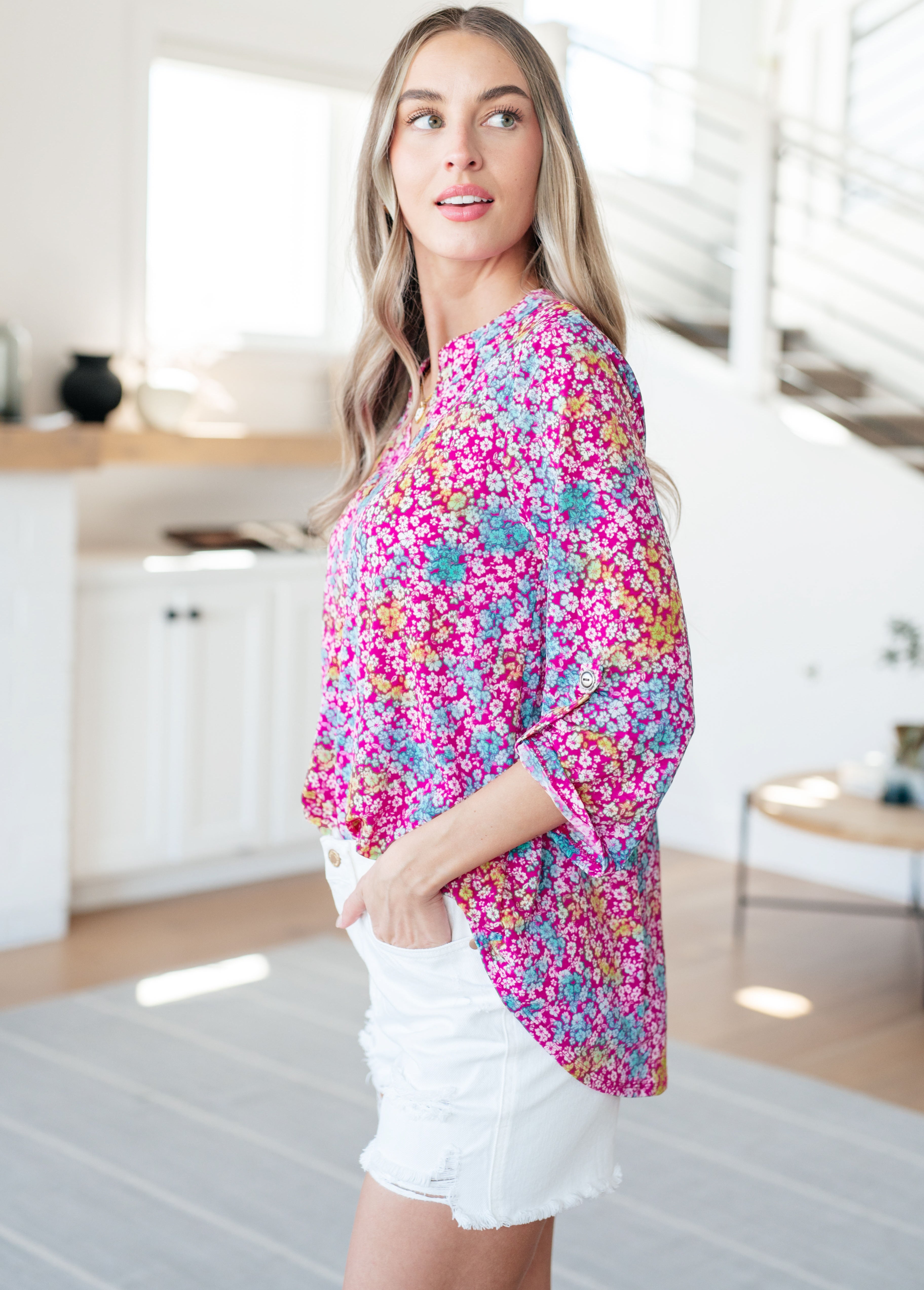 Lizzy Top in Pink and Aqua Ditsy Floral - Medium