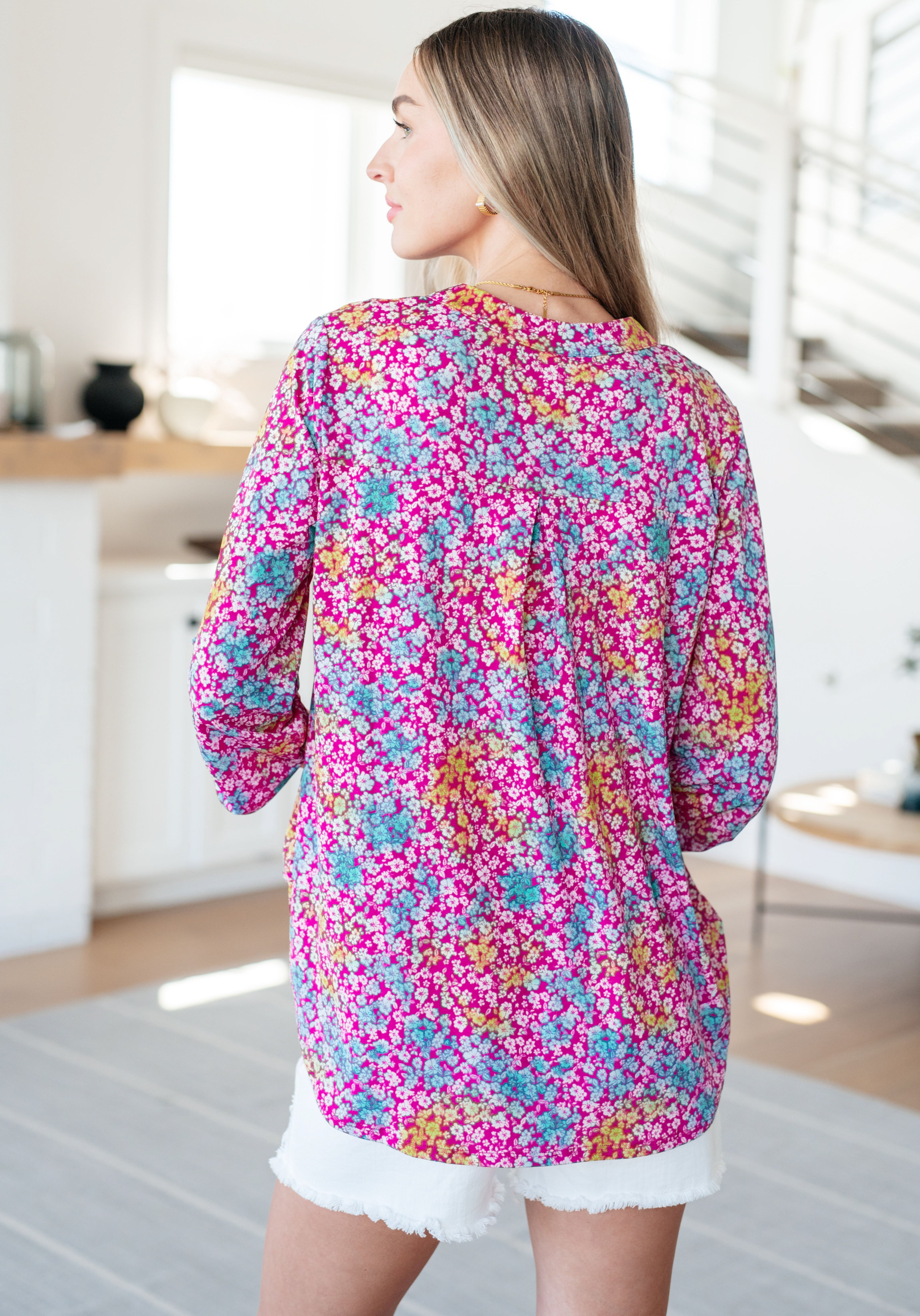 Lizzy Top in Pink and Aqua Ditsy Floral - Medium