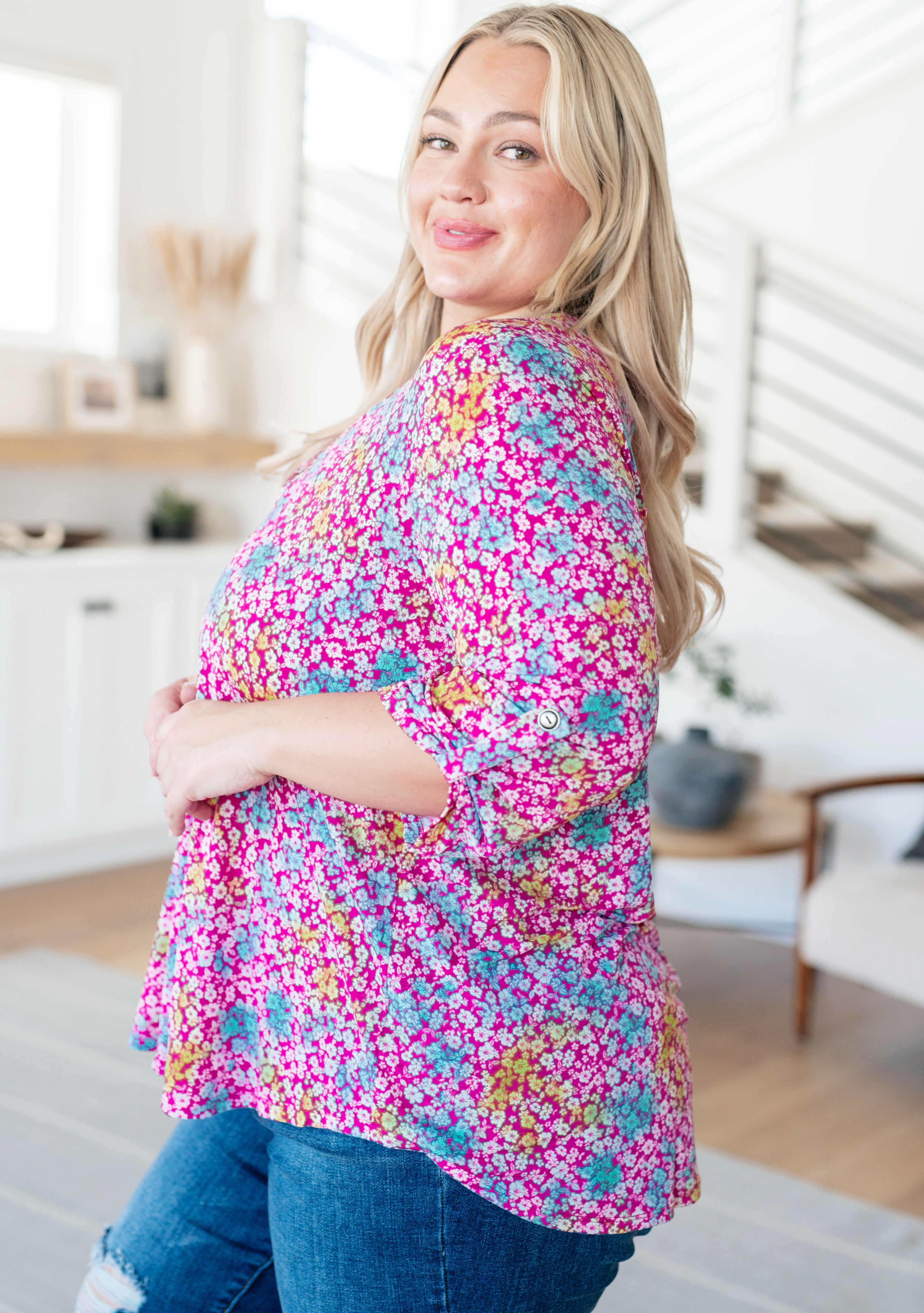 Lizzy Top in Pink and Aqua Ditsy Floral - Medium