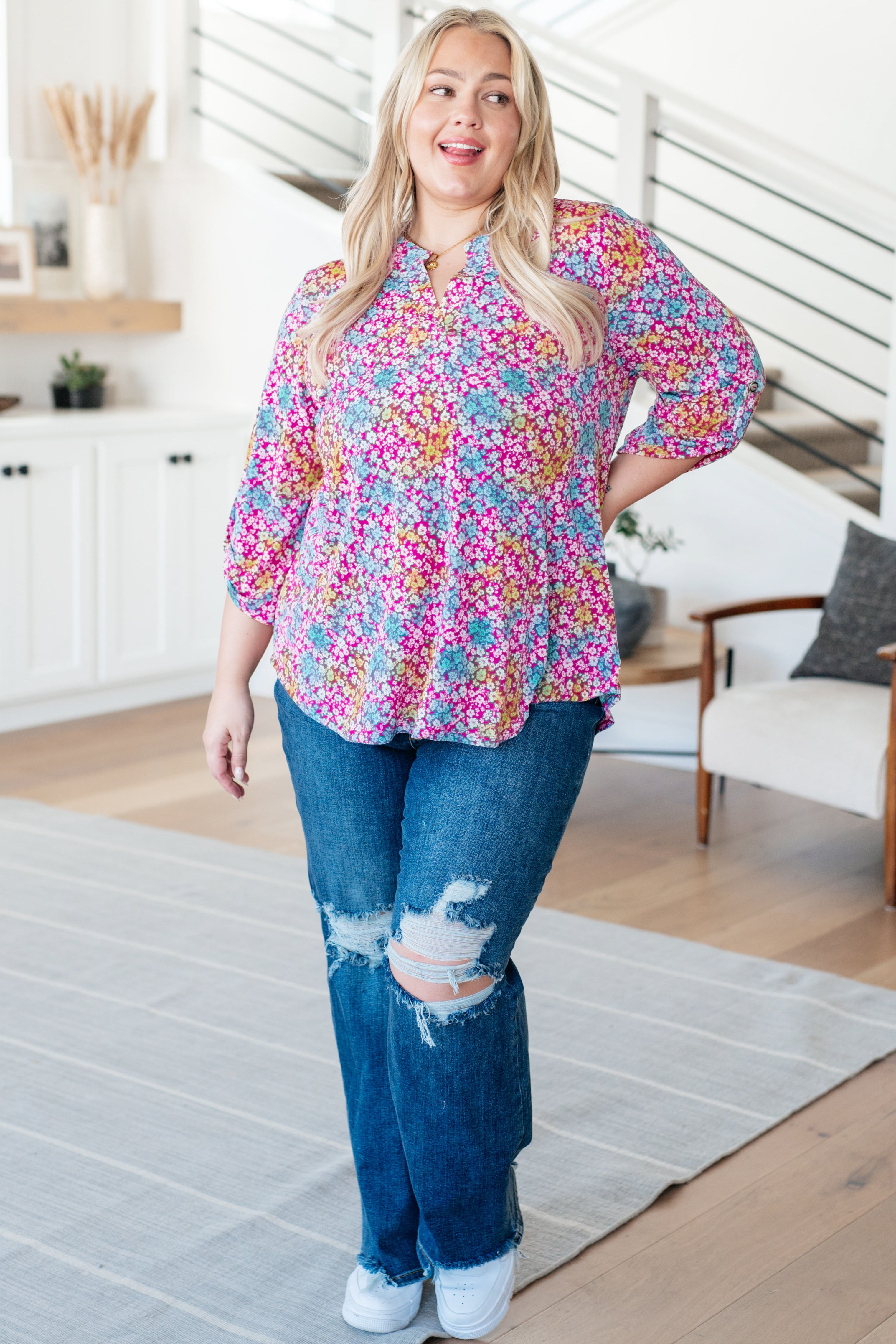 Lizzy Top in Pink and Aqua Ditsy Floral - Medium