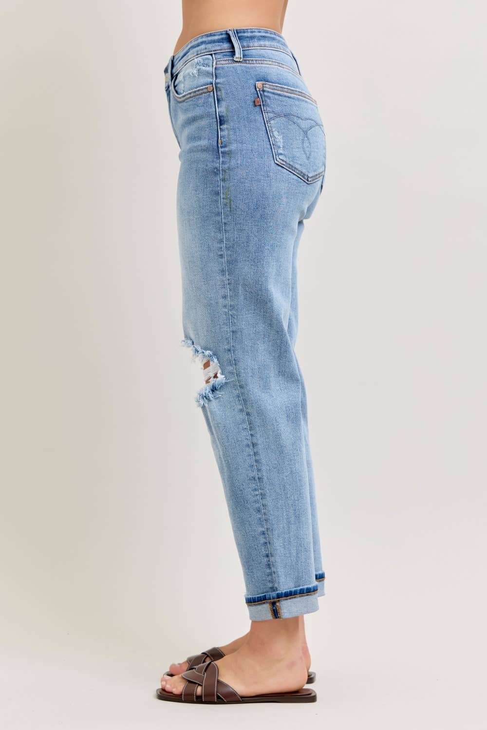 Elaine Mid Rise Boyfriend with Distress & Cuff