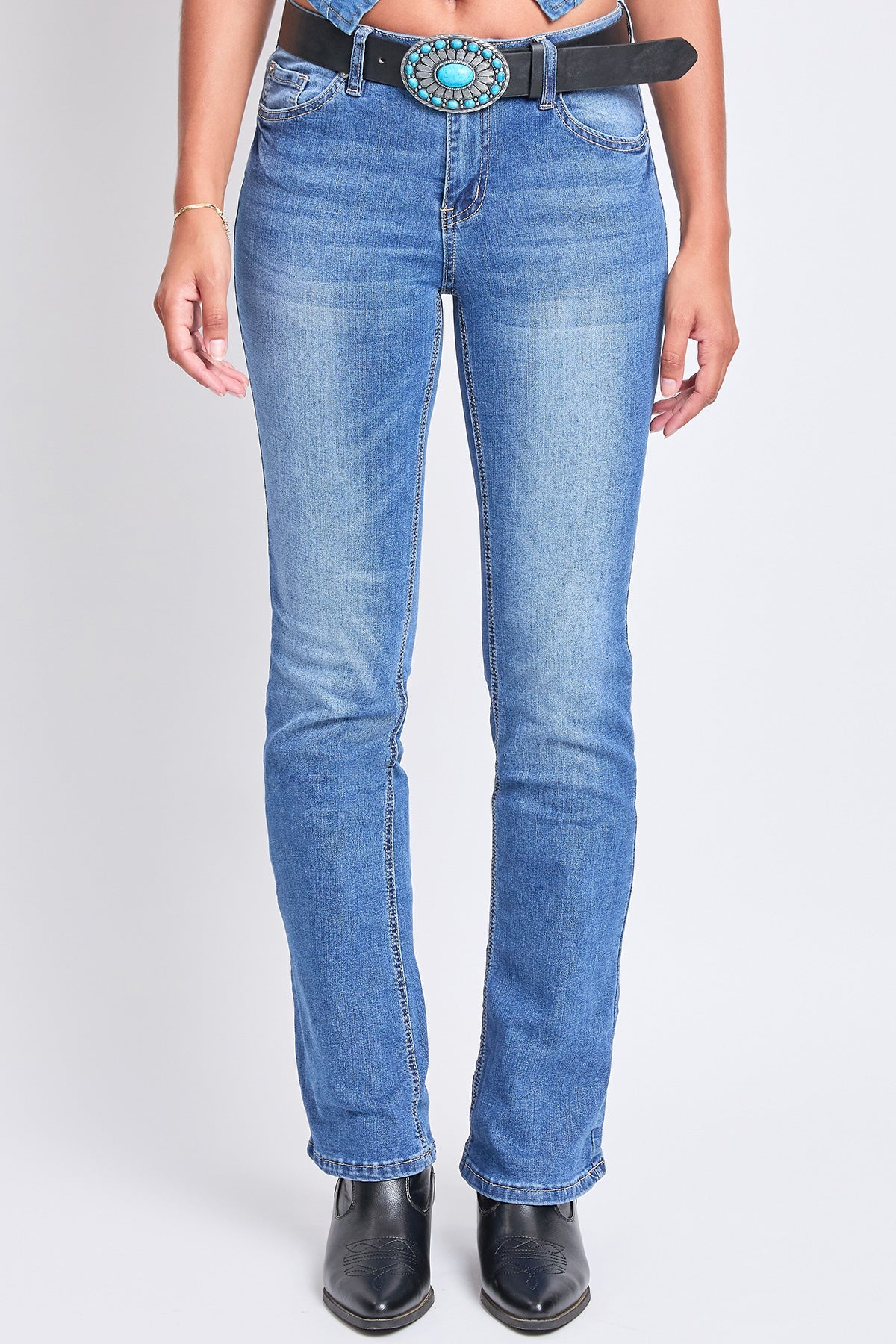 Mid Rise Belted Bootcut Jeans