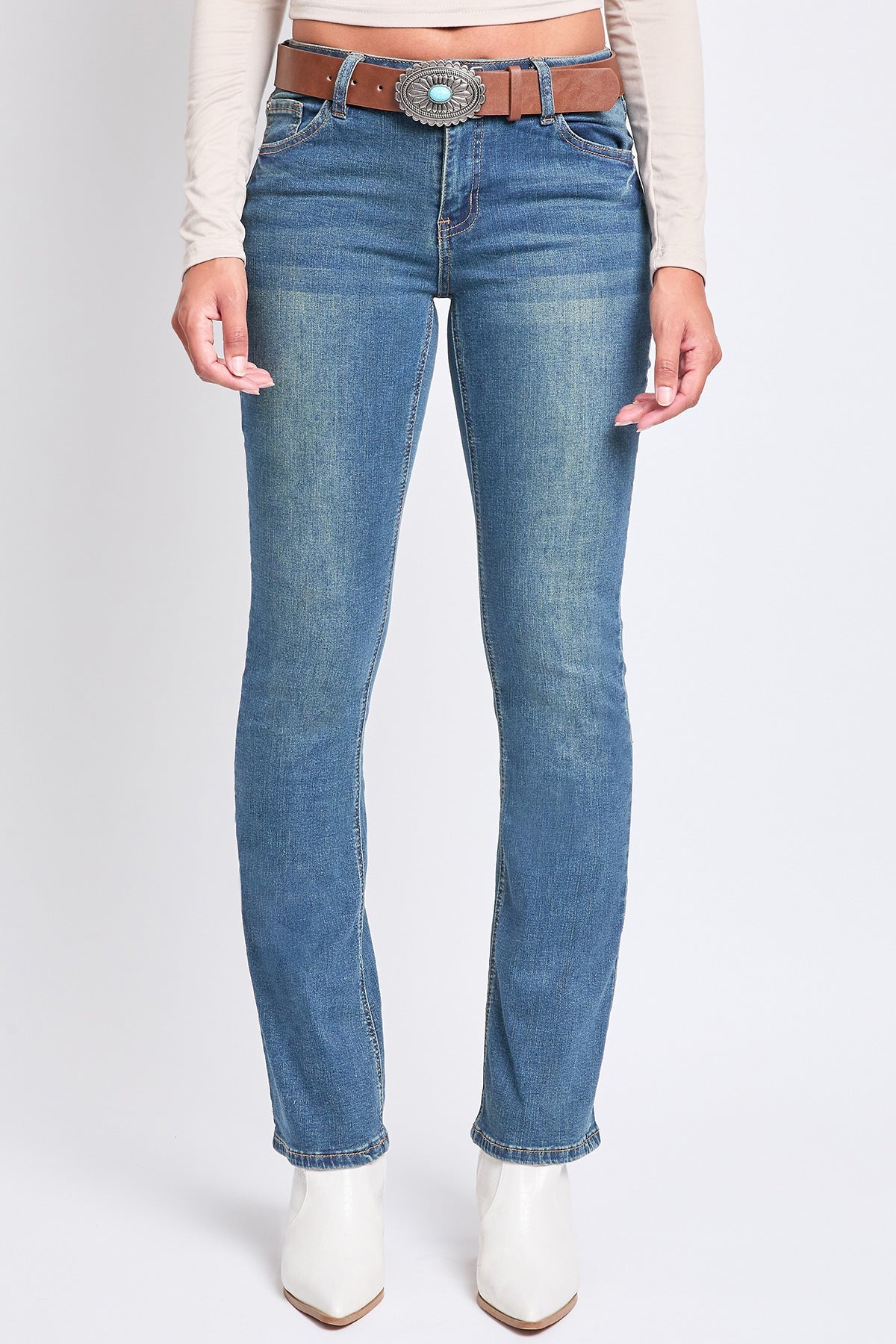 Mid Rise Belted Bootcut Jeans