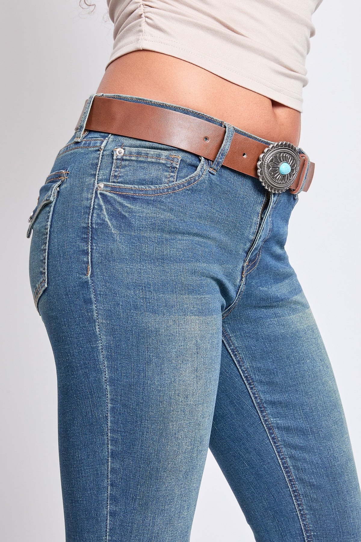 Mid Rise Belted Bootcut Jeans