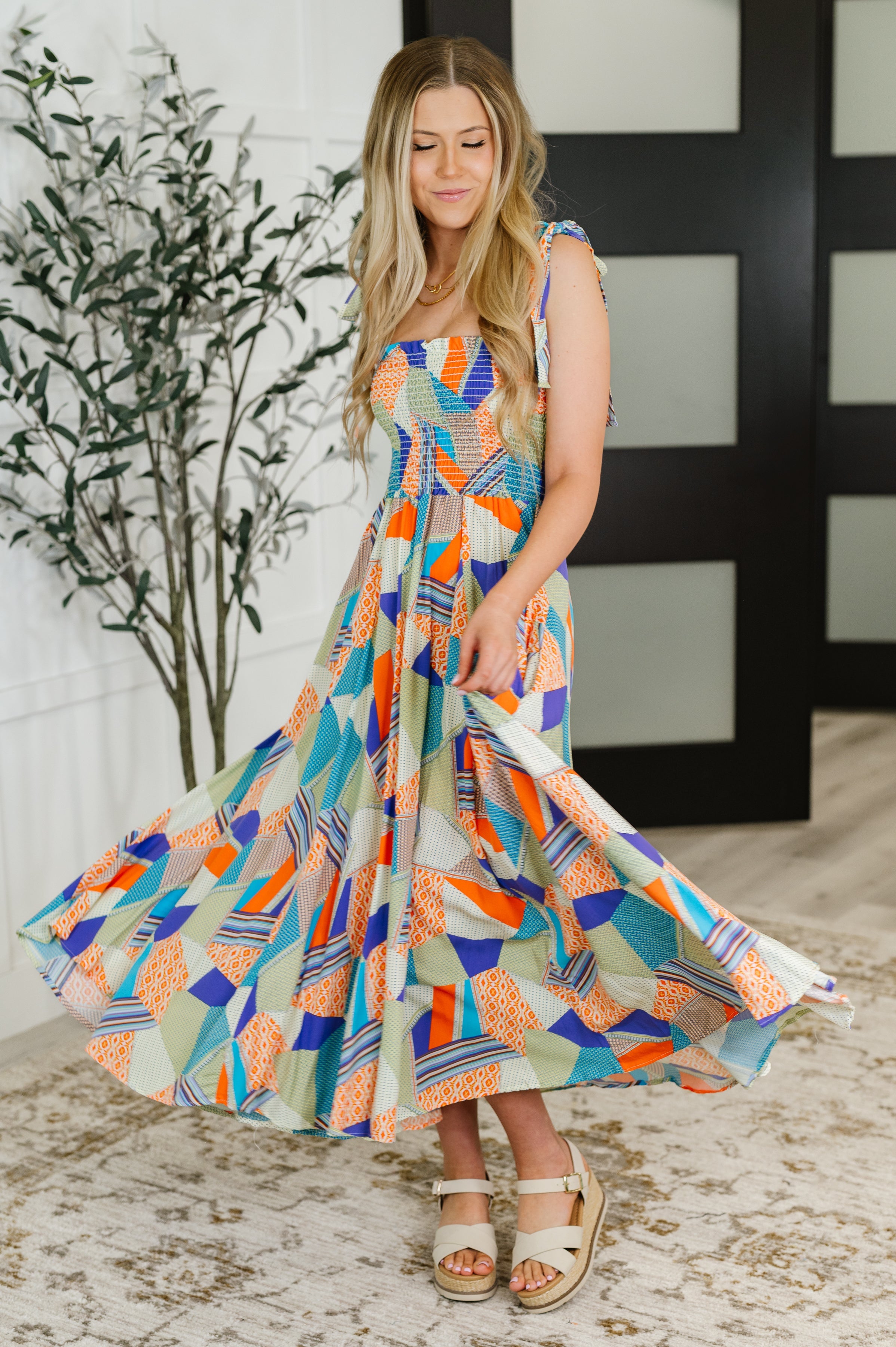 Paint Me Pretty Square Neck Dress in Lime, Blue and Tangerine