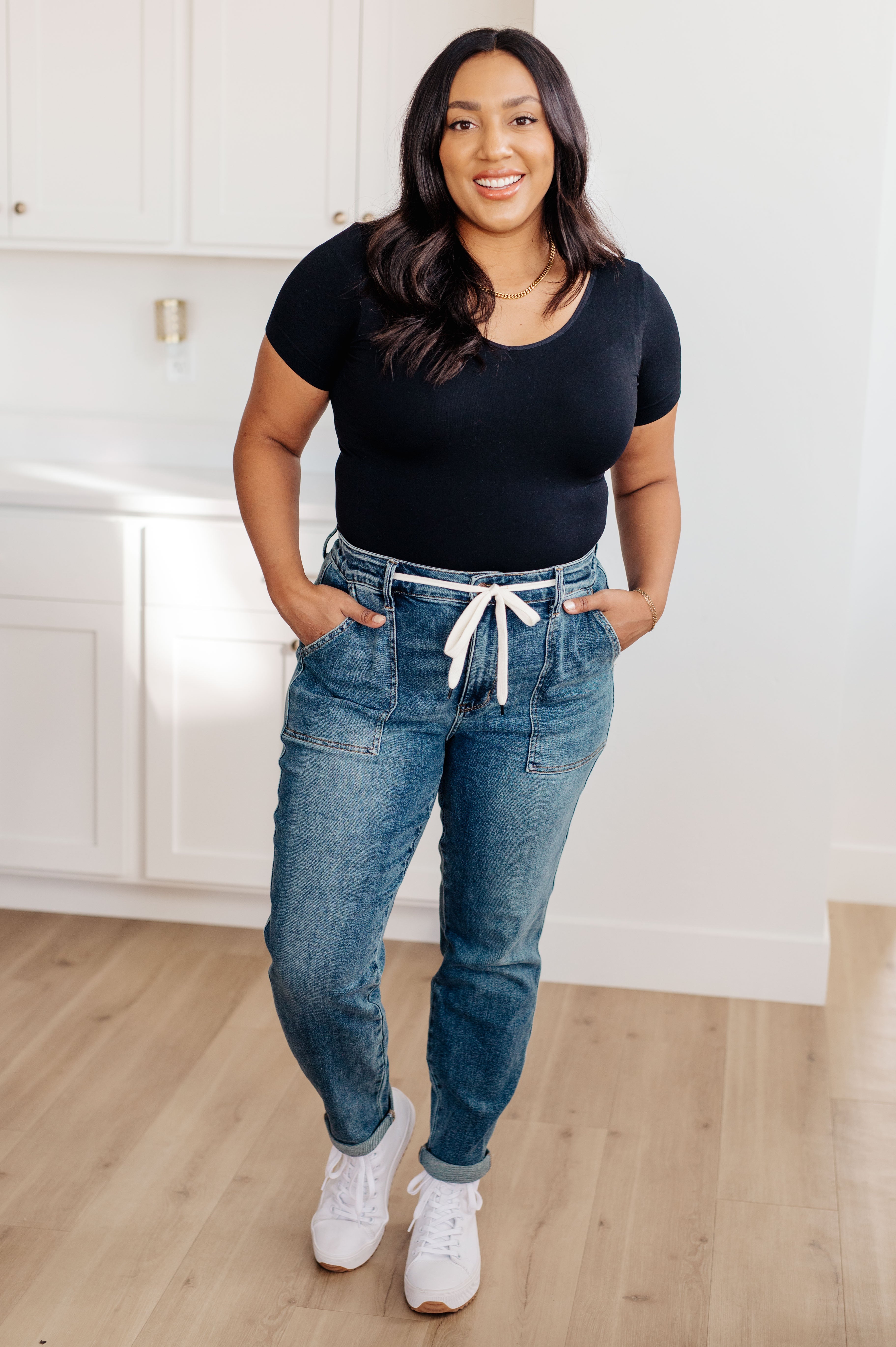 Payton Pull On Denim Joggers in Medium Wash - 24W