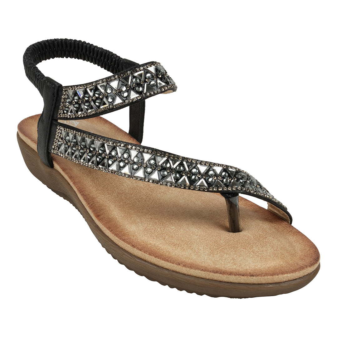 Reille Black Jeweled Slingback Flat Sandals