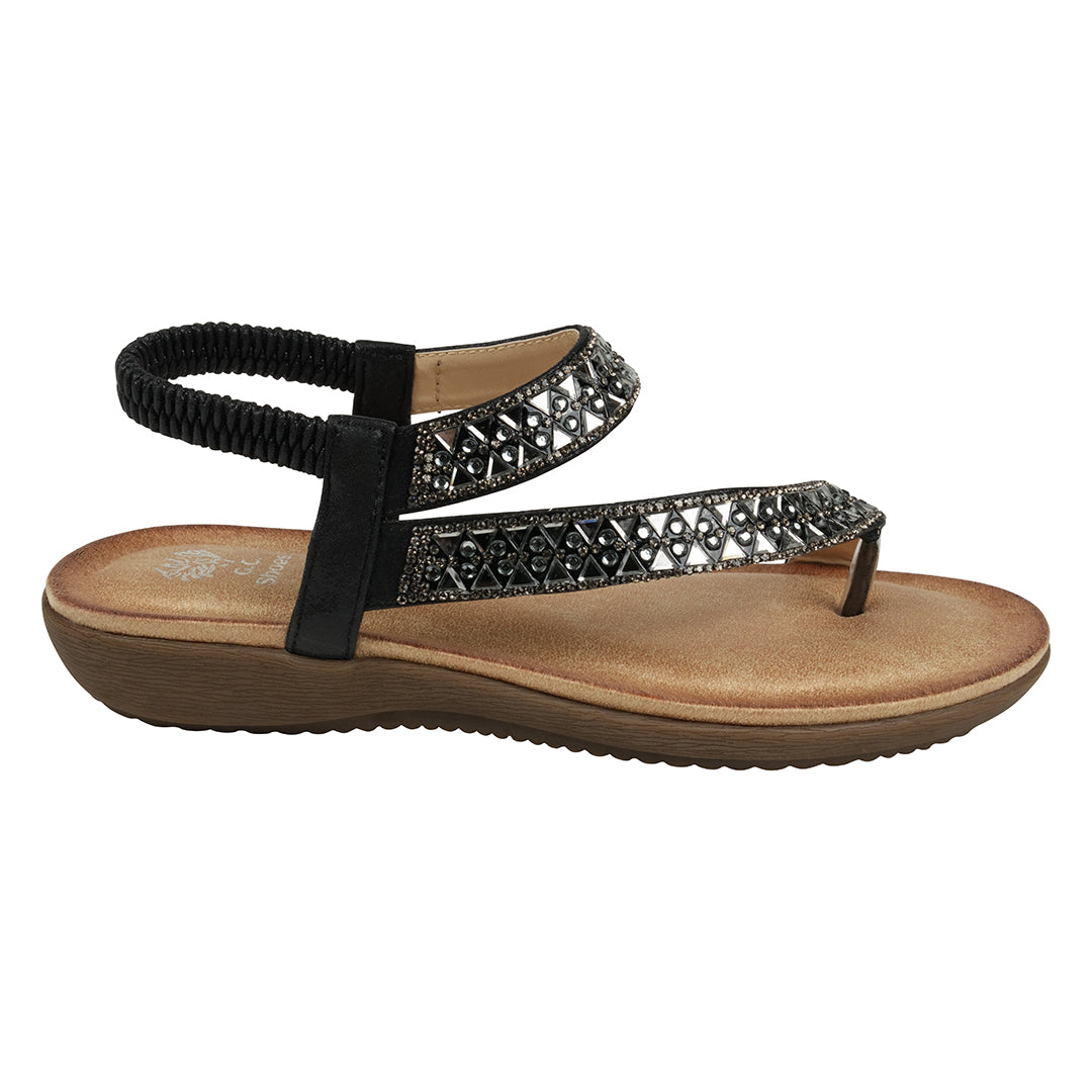 Reille Black Jeweled Slingback Flat Sandals