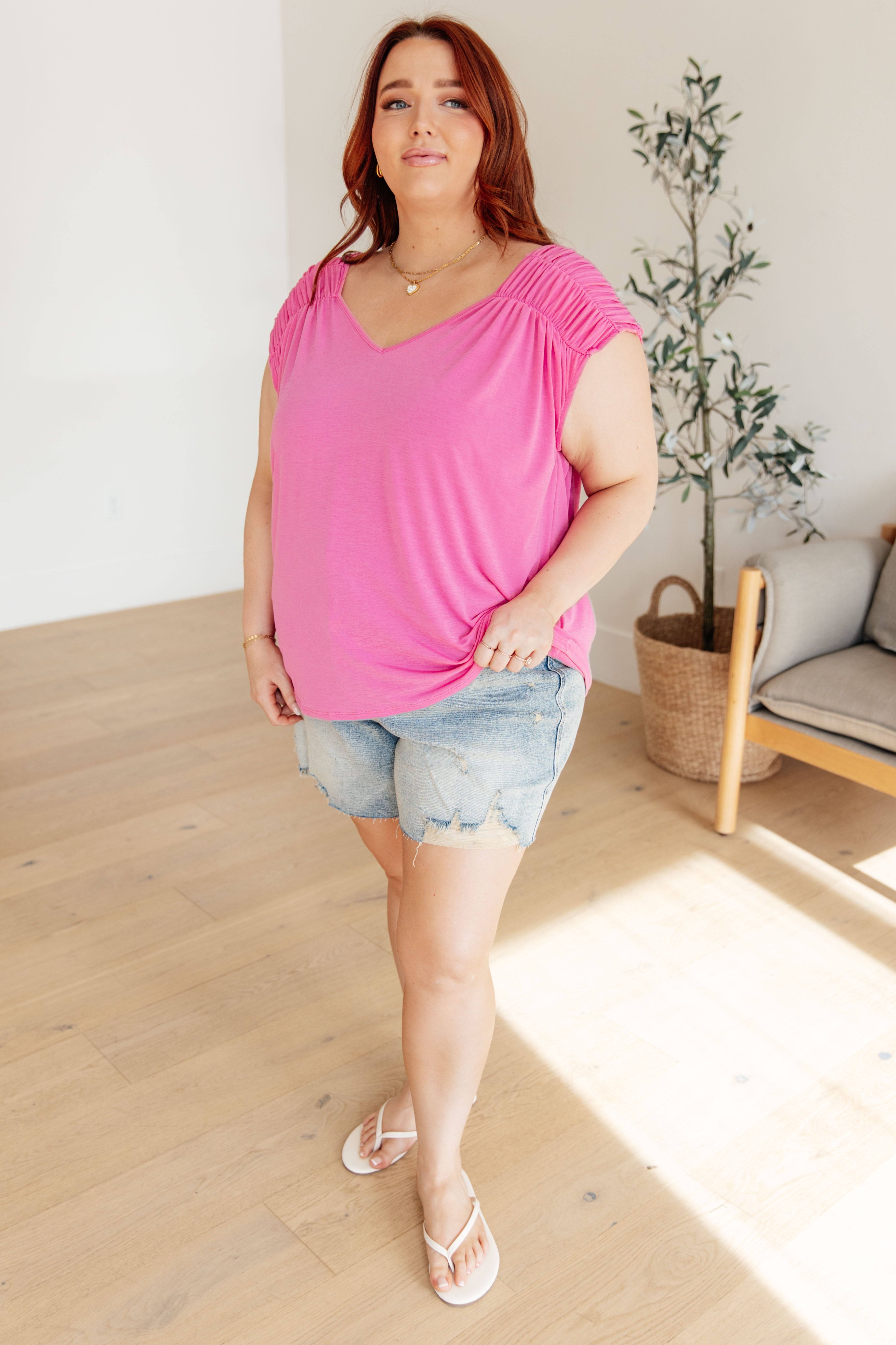 Ruched Cap Sleeve Top in Magenta - Medium