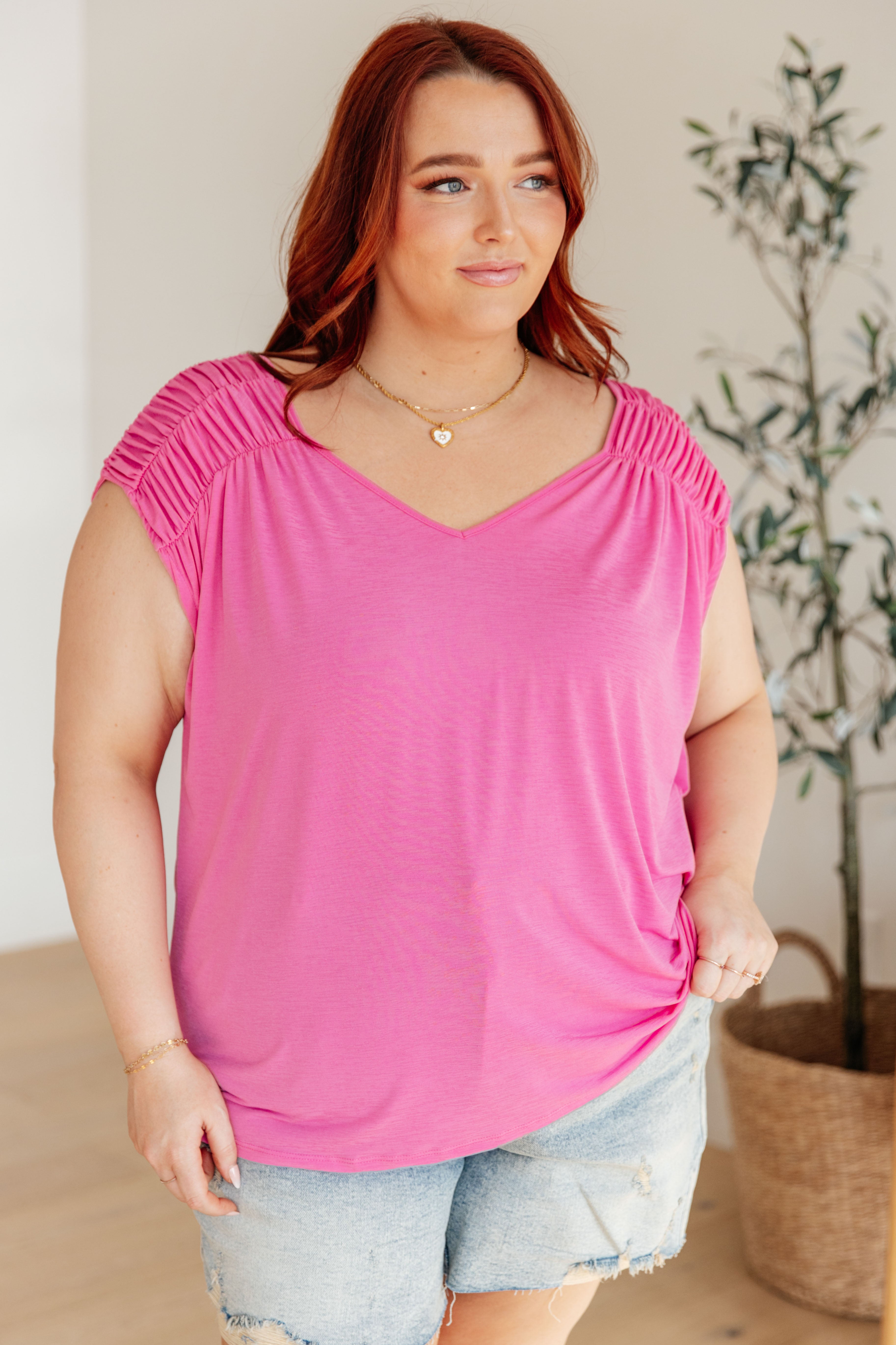 Ruched Cap Sleeve Top in Magenta - Medium