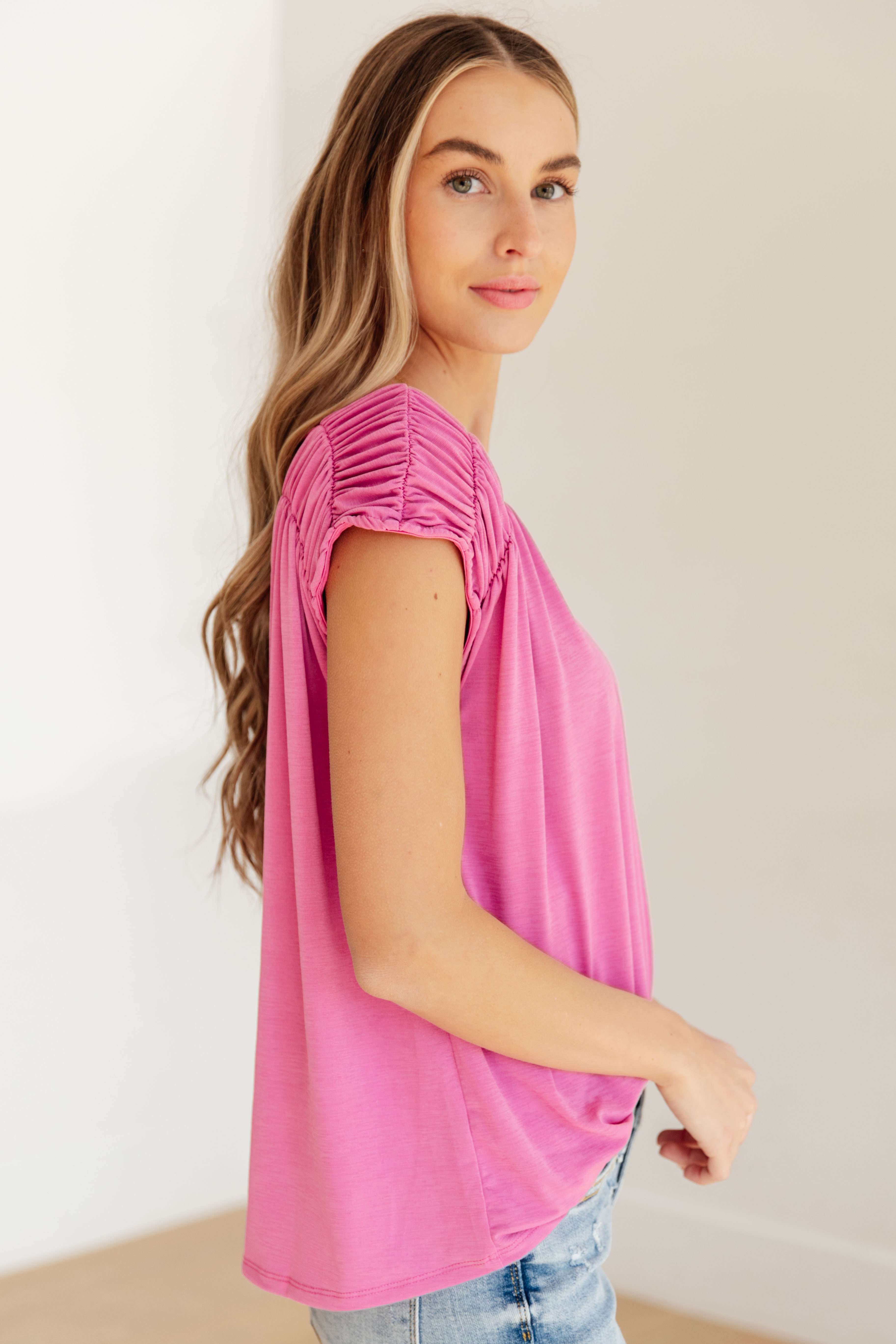 Ruched Cap Sleeve Top in Magenta - Medium