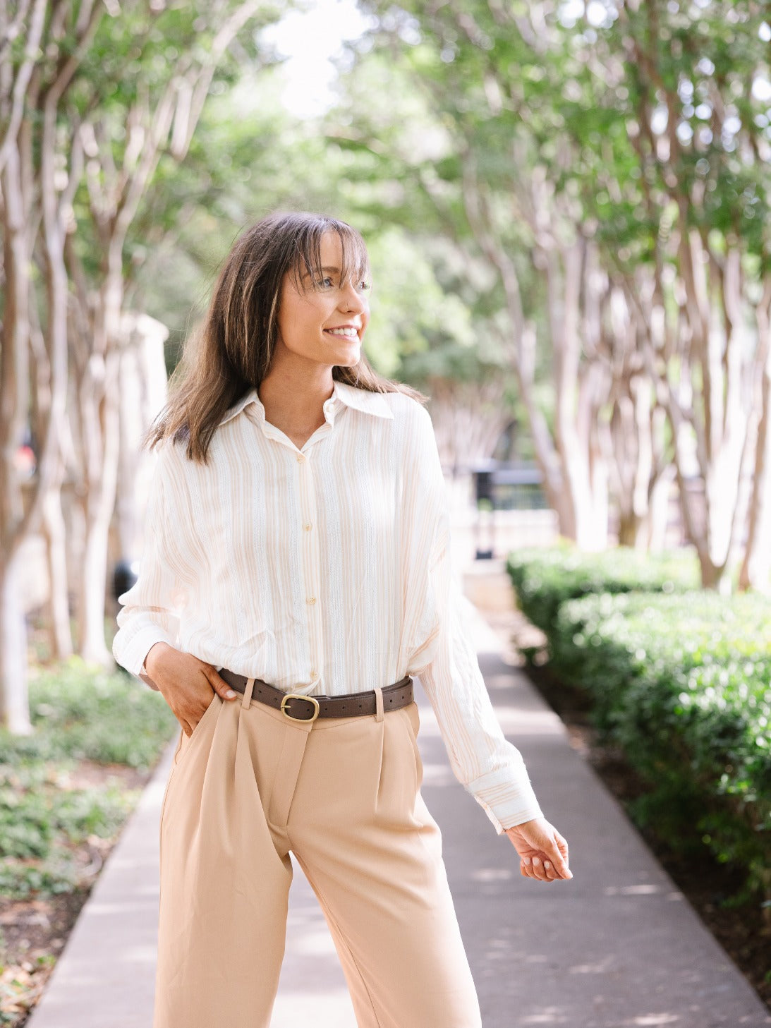 Kathryn Button-Up, Beige Stripes
