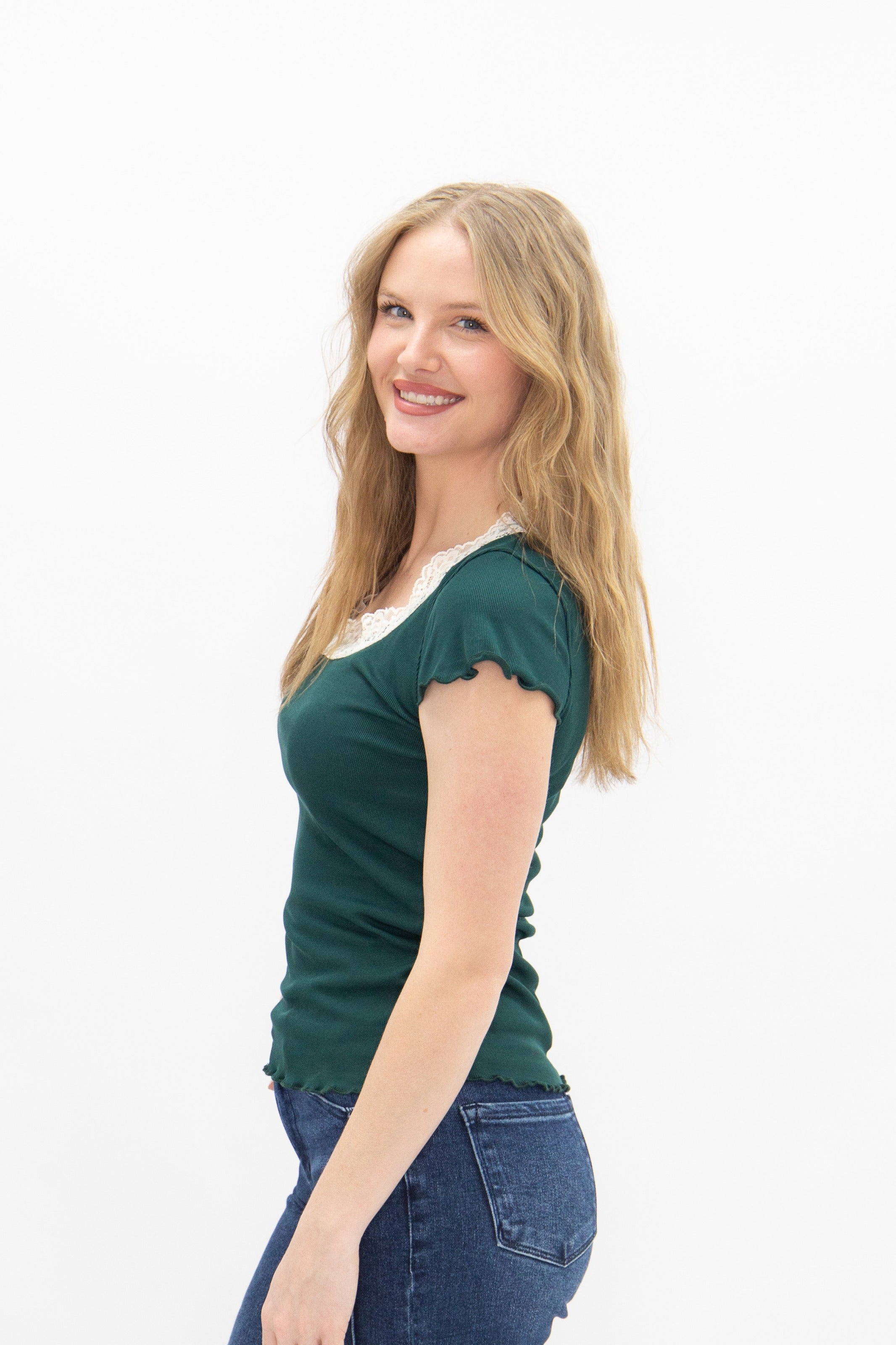 Square Neck Tee with Lace Trim, Forest Green