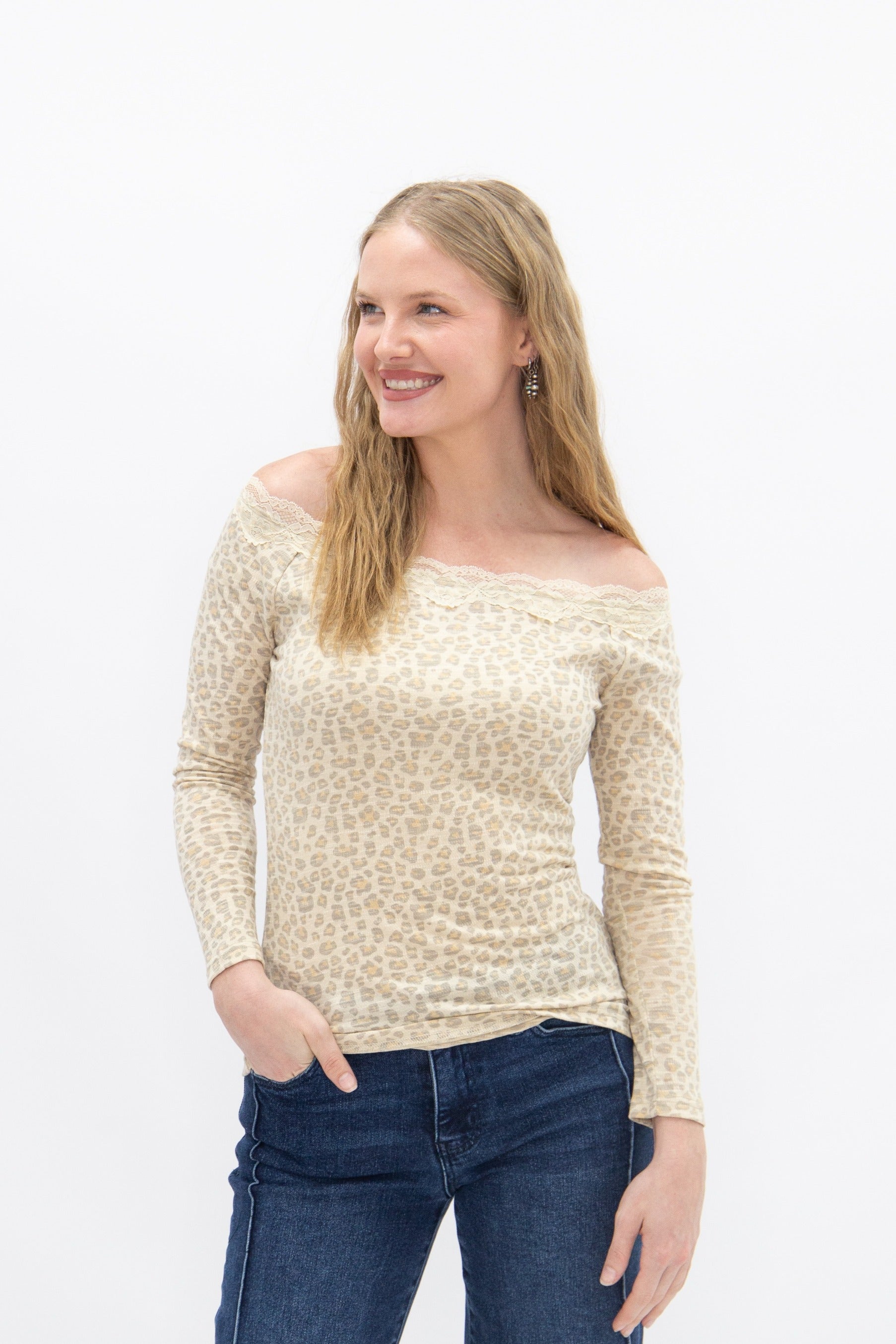 Longsleeve Off-the-Shoulder Top with Lace Trim, Leopard