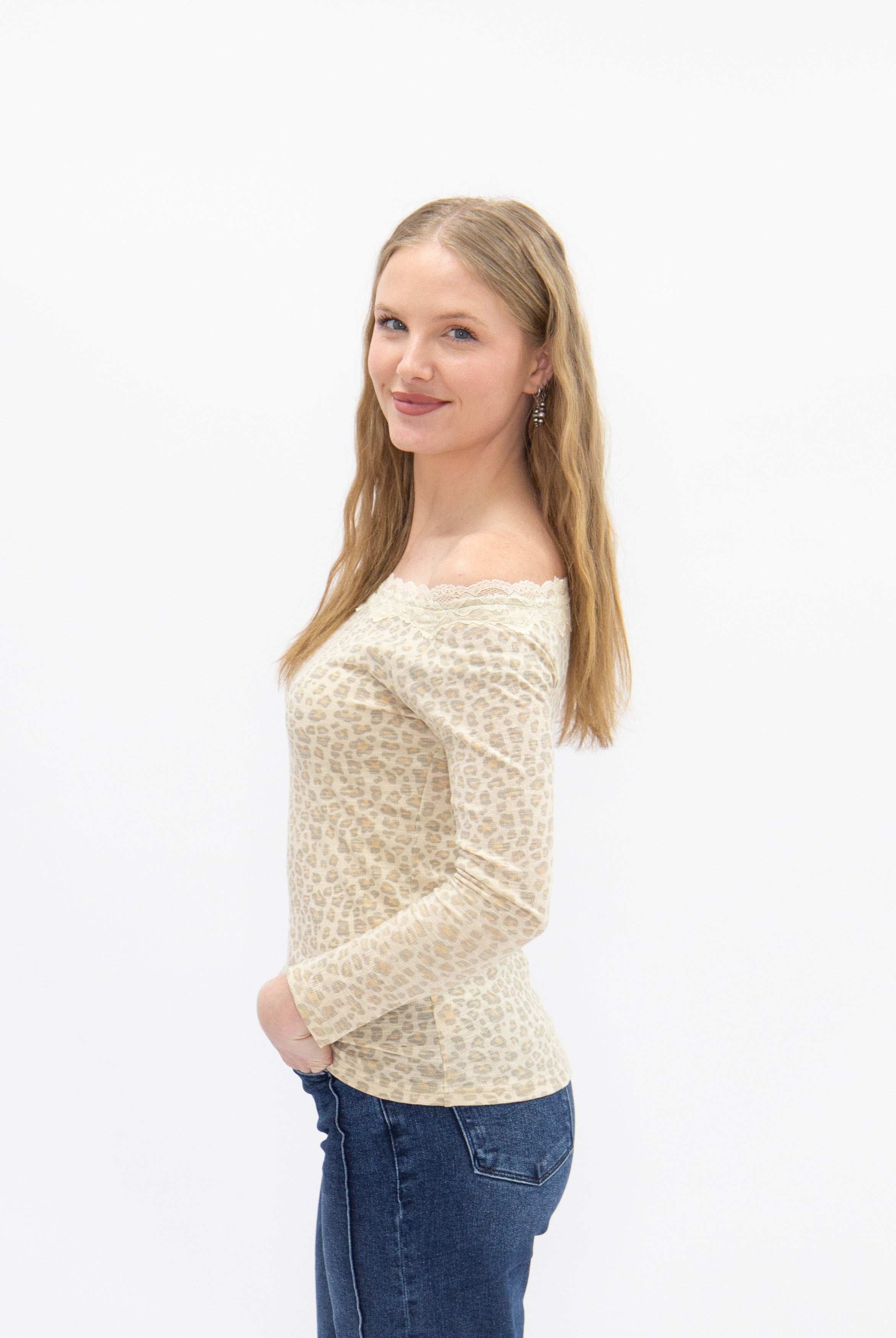Longsleeve Off-the-Shoulder Top with Lace Trim, Leopard
