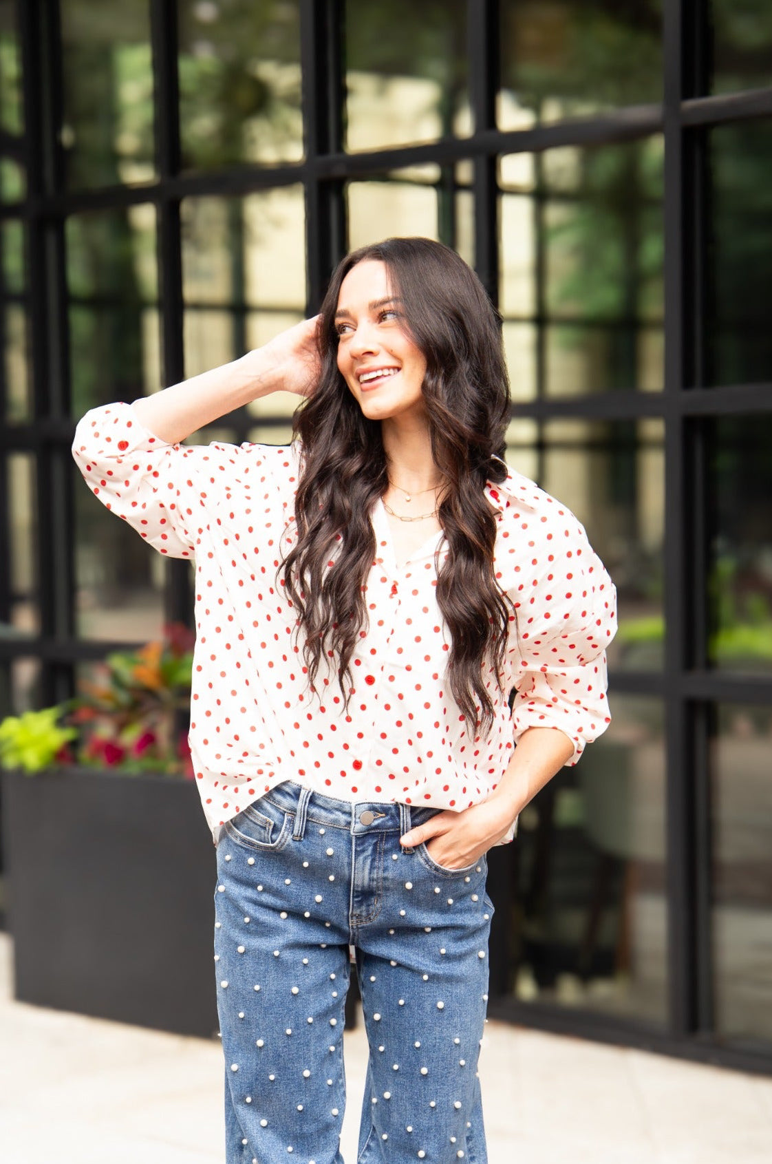 Kathryn Classic Button-Up, Red Polka-Dot