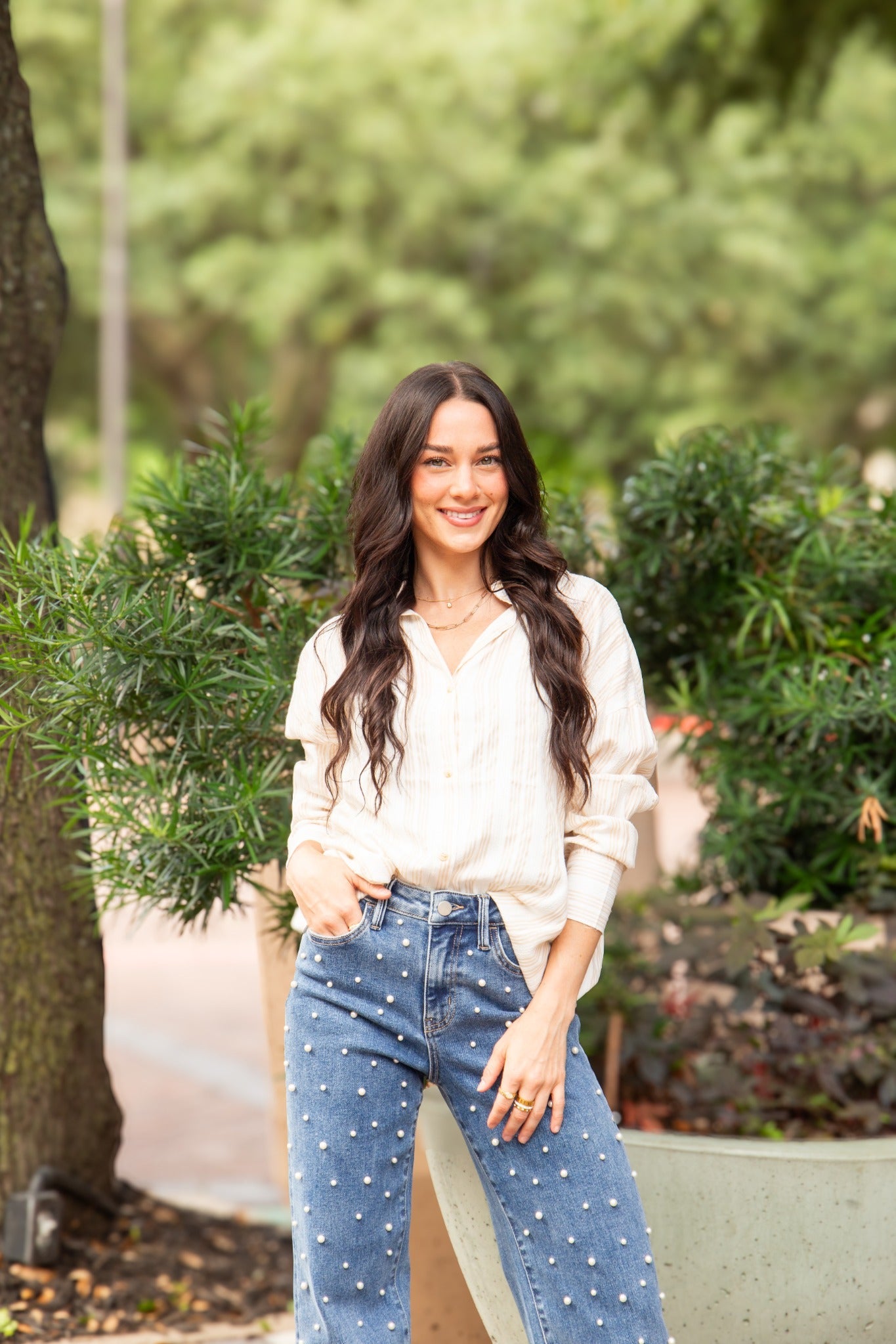 Kathryn Button-Up, Beige Stripes