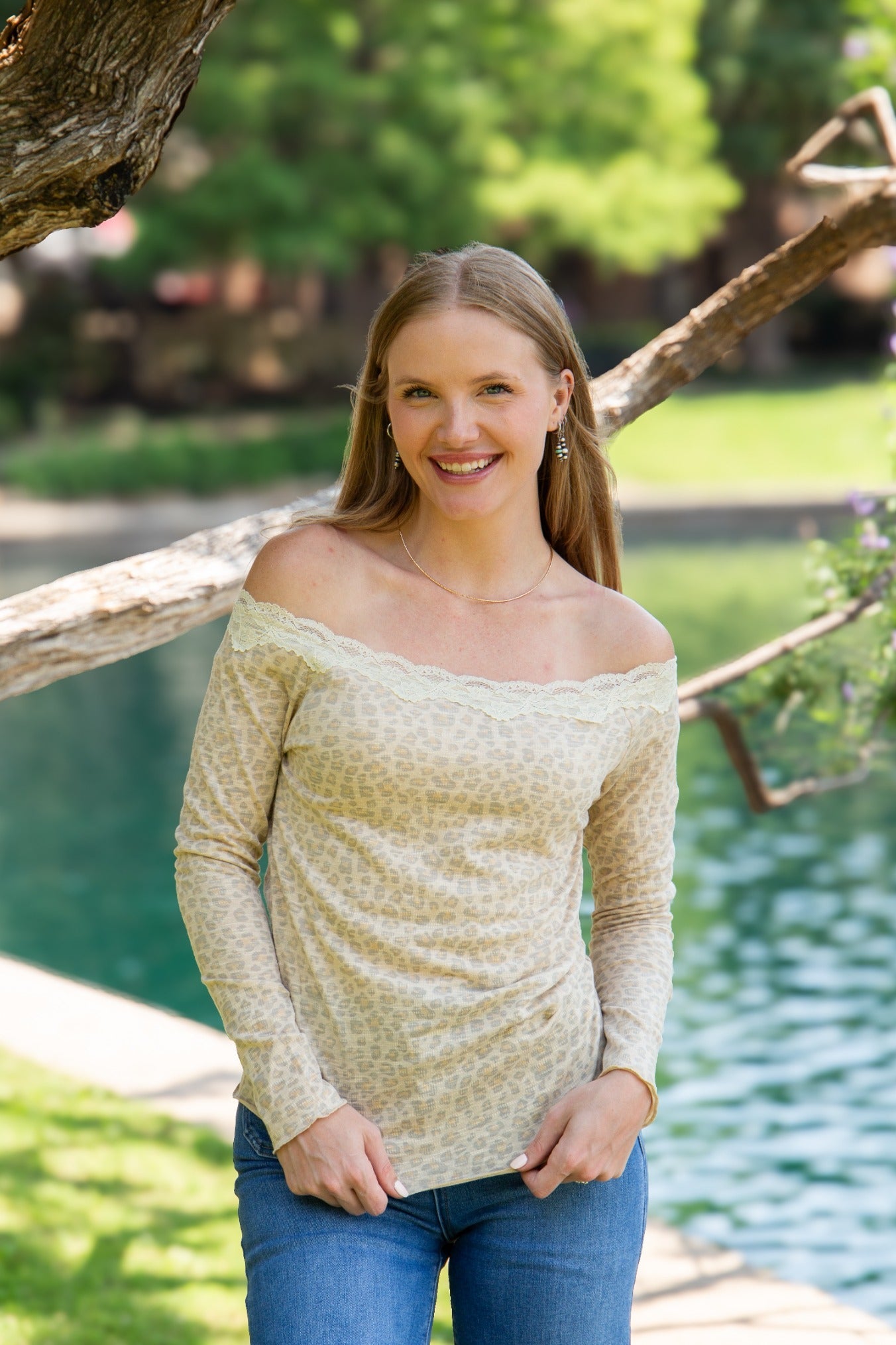 Longsleeve Off-the-Shoulder Top with Lace Trim, Leopard