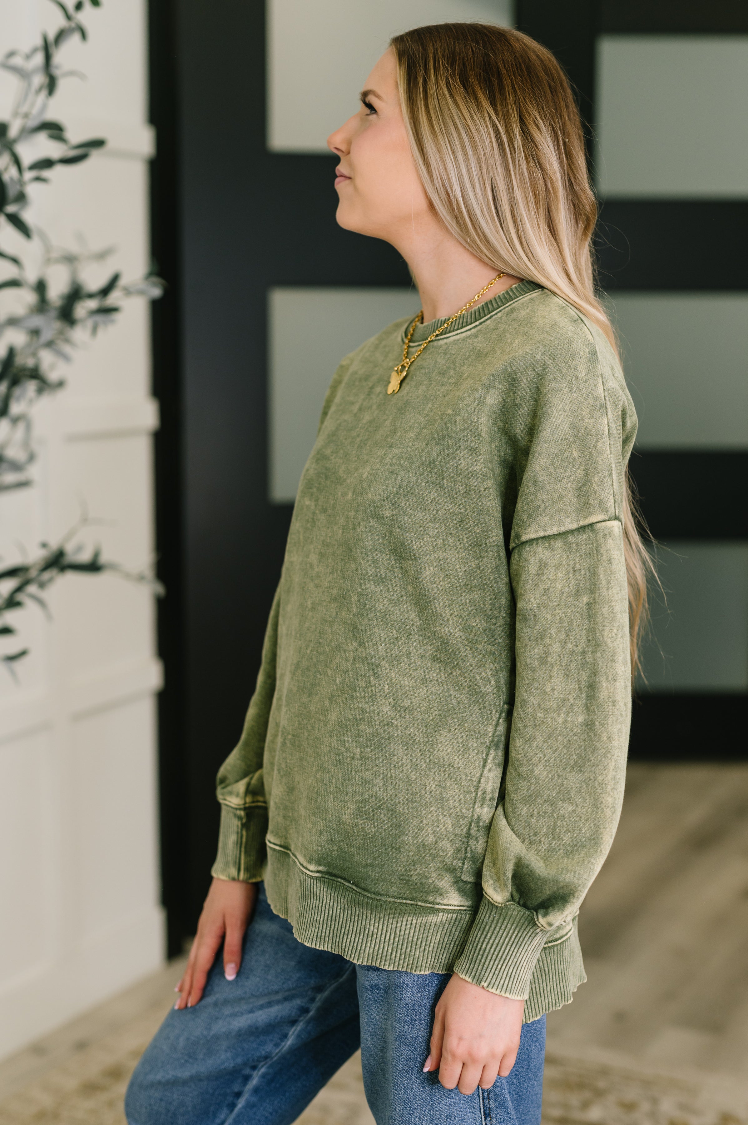 Safe and Secure Mineral Wash Pullover in Light Olive